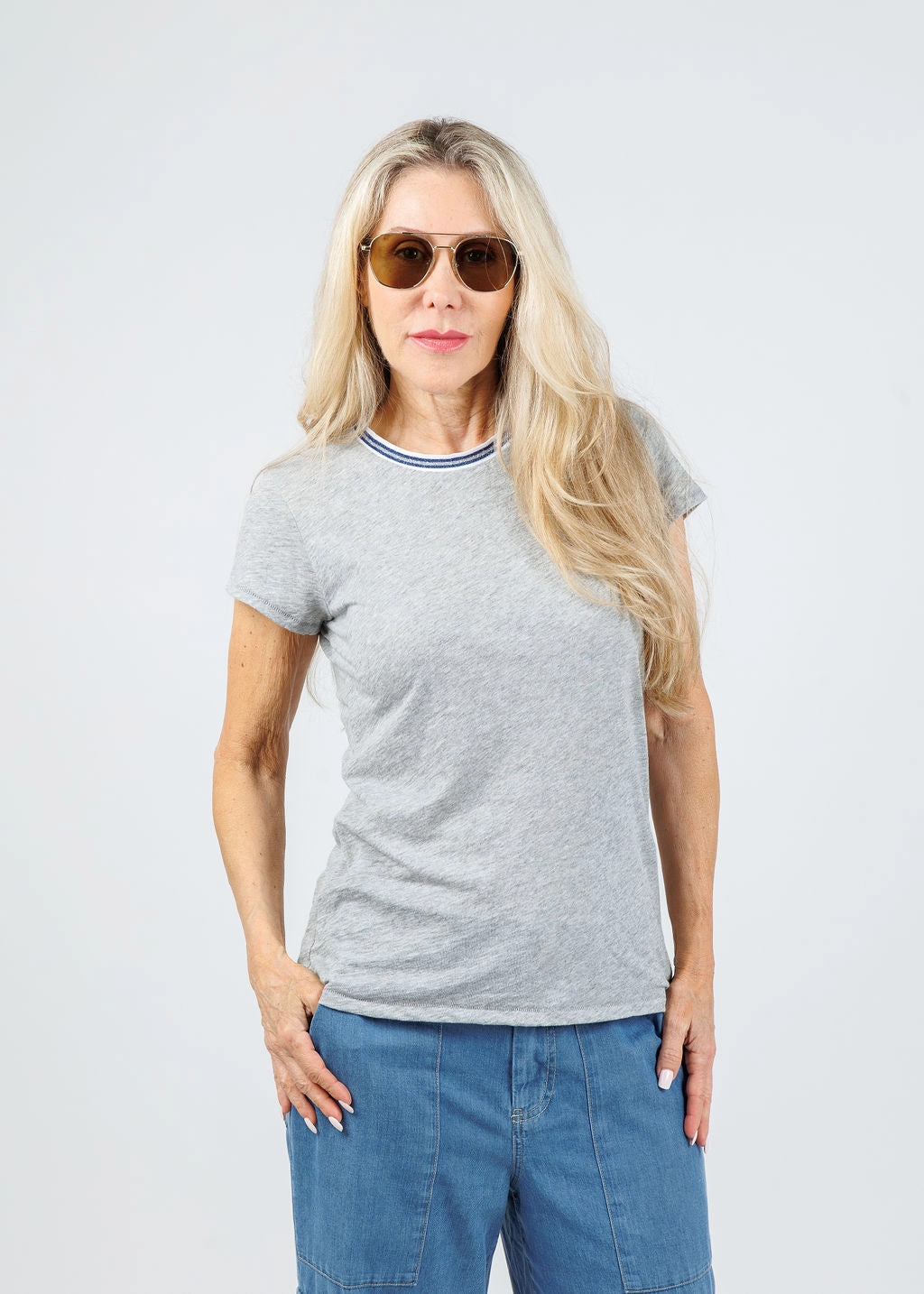 Durable Stitching Chilly Weather Wear Classic Metallic Tipped Ringer Tee - Gray Heather