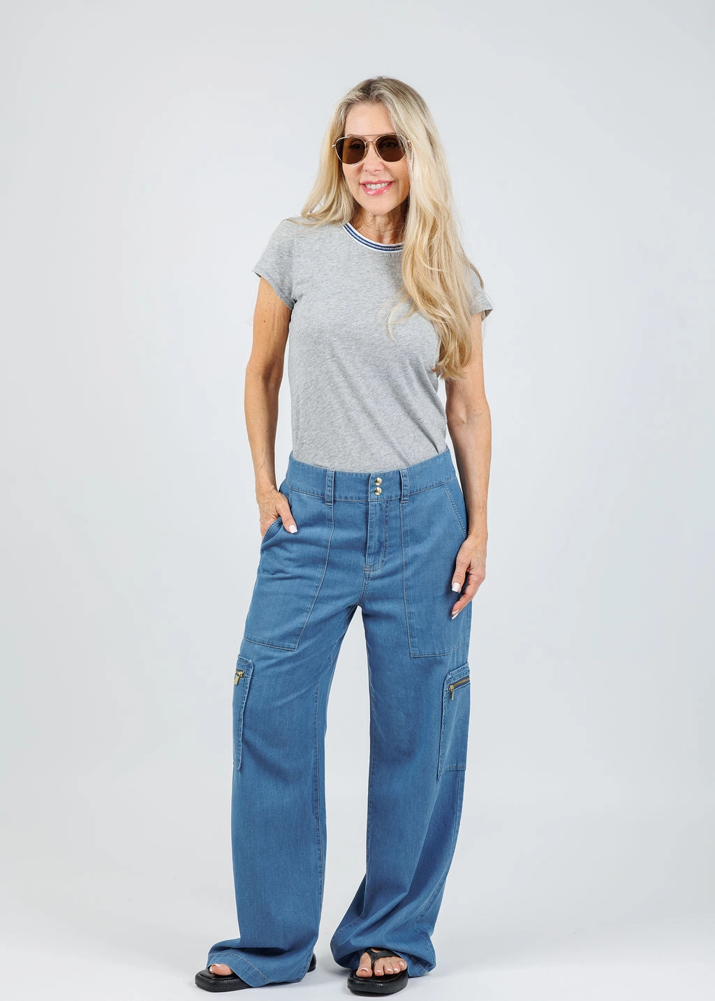 Easy Styling Fitted Silhouette Classic Metallic Tipped Ringer Tee - Gray Heather