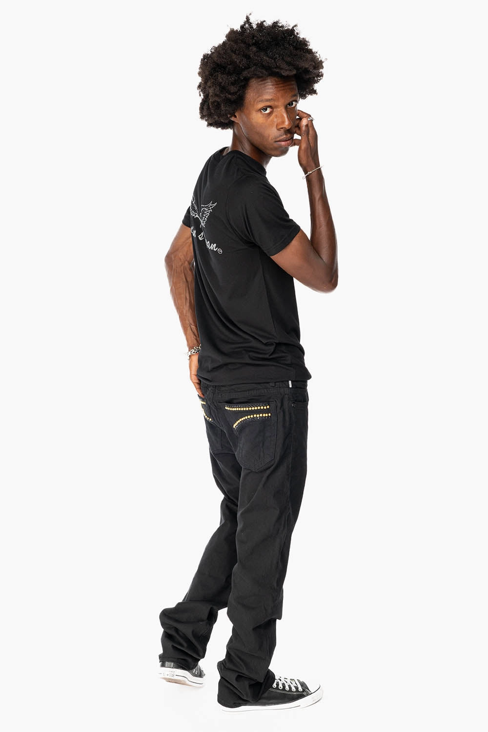 Always Appropriate Weekend Warrior Adult Fashion Gym Ready CLASSIC STRAIGHT LEG JEANS IN  BLACK WASH EMBELLISHED WITH STUDS & CRYSTALS