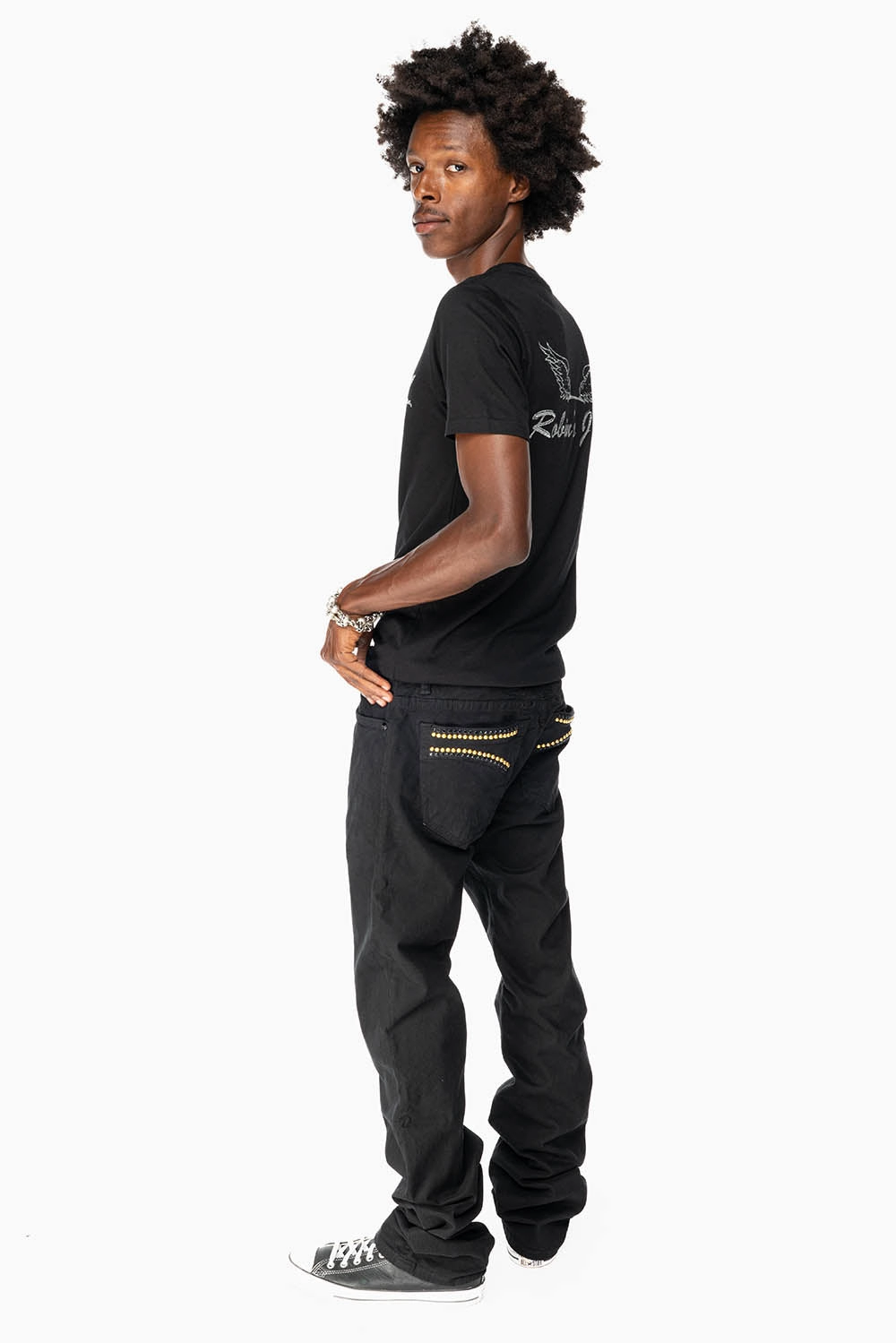 CLASSIC STRAIGHT LEG JEANS IN  BLACK WASH EMBELLISHED WITH STUDS & CRYSTALS Everyday Comfort Wear Classic Design