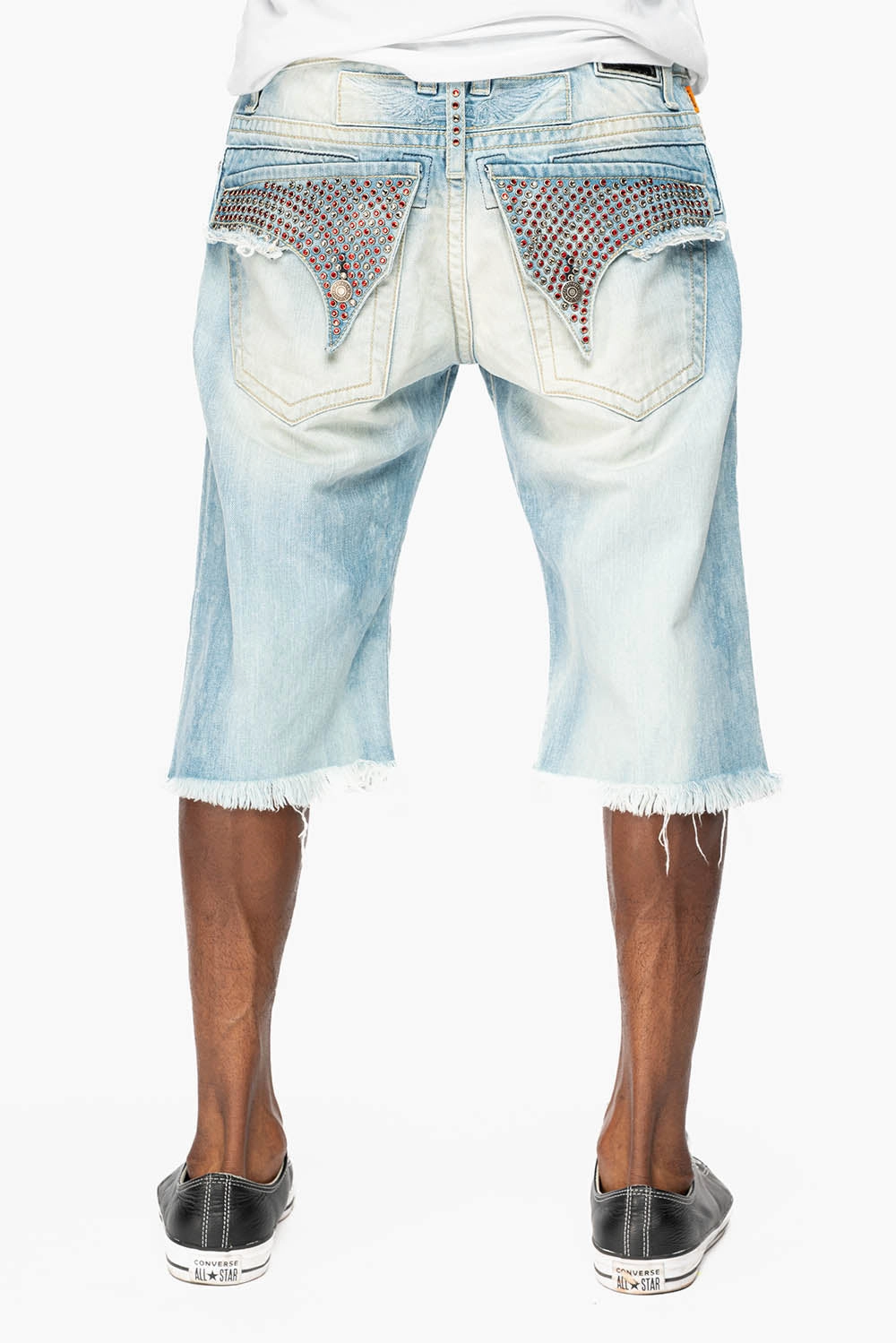 MENS LIMITED EDITION DESTROYED SHORTS WITH FLAP POCKET IN 5D LIGHT WASH WITH CRYSTALS Eco Friendly Night Out