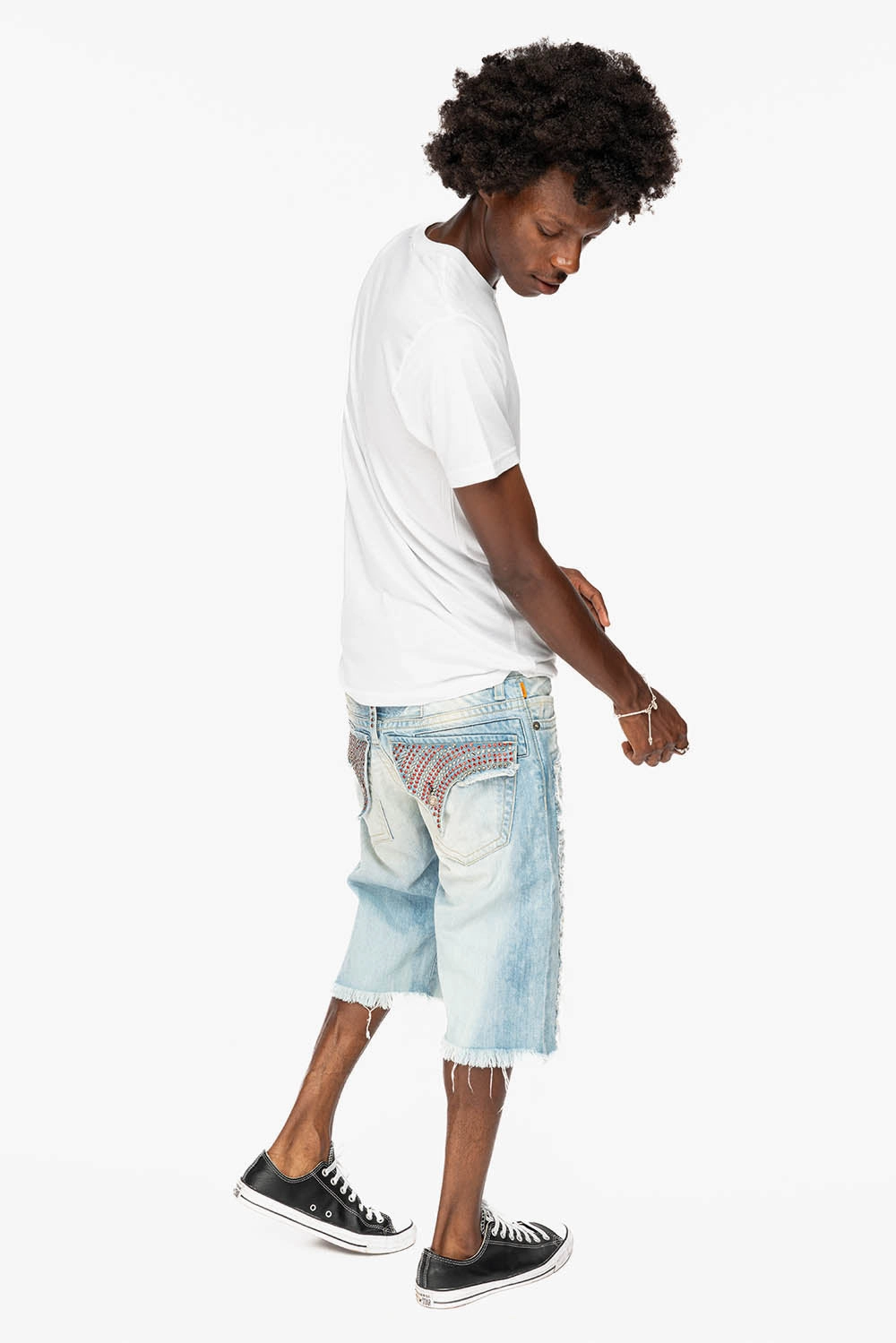 MENS LIMITED EDITION DESTROYED SHORTS WITH FLAP POCKET IN 5D LIGHT WASH WITH CRYSTALS Everyday Comfort Wear