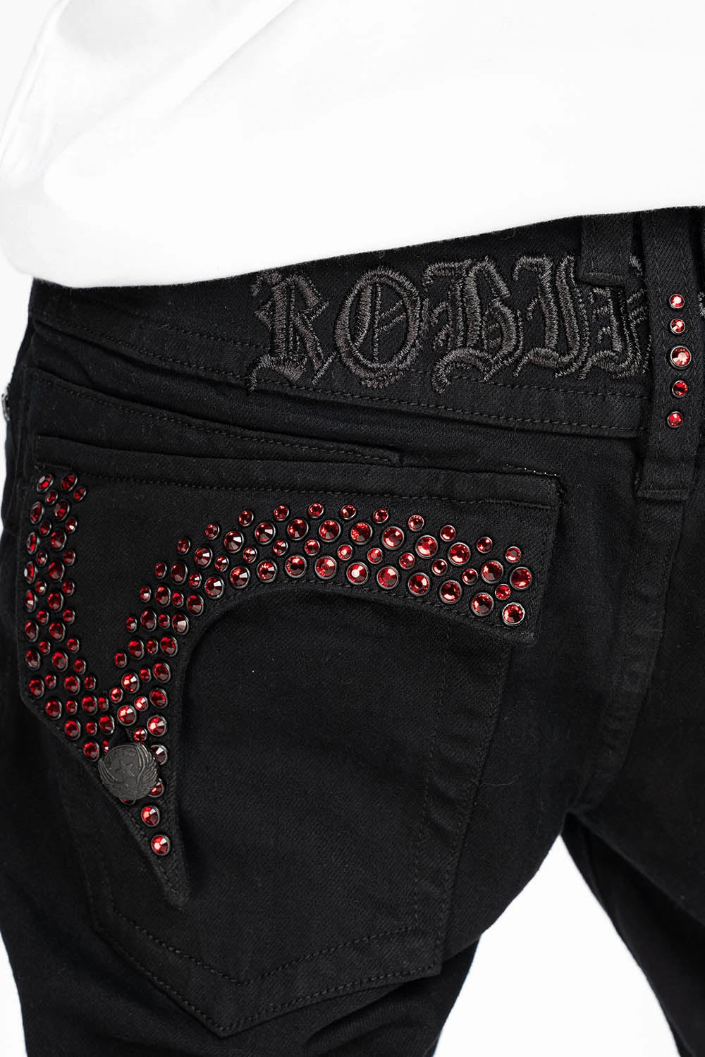 Simple Outfit Abrasion Resistant Fabric KILLER FLAP MENS SKINNY JEANS IN PURE BLACK  EMBELLISHED WITH RED CRYSTALS