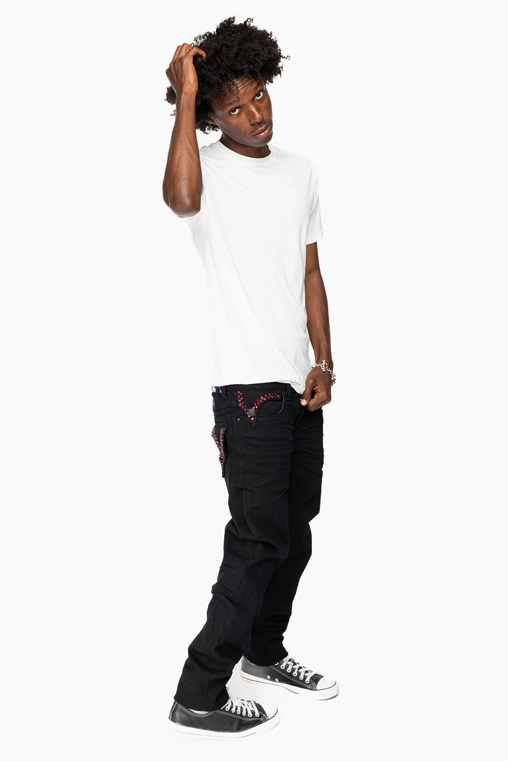 KILLER FLAP MENS SKINNY JEANS IN PURE BLACK  EMBELLISHED WITH RED CRYSTALS Outdoor Casual Street Smart