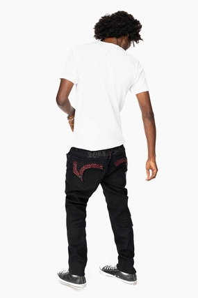 KILLER FLAP MENS SKINNY JEANS IN PURE BLACK  EMBELLISHED WITH RED CRYSTALS Athlete Fit Holiday Vibes Friction Free Inner Lining