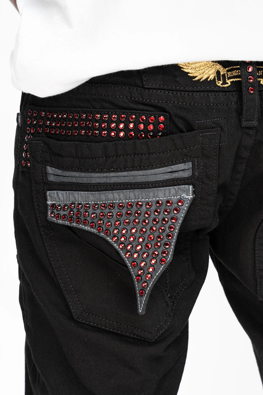 MENS LIMITED EDITION FLAP POCKET SLIM JEANS IN PURE BLK WASH WITH CRYSTALS Family Style Urban Explorer Youth Style