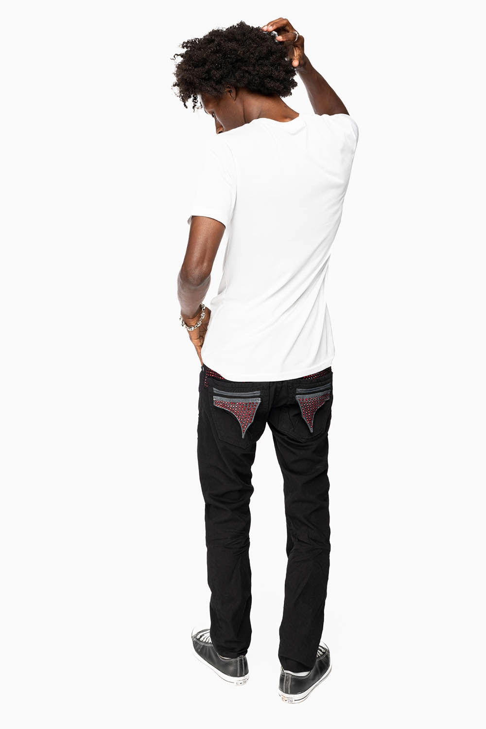 Button Fly Option Comfort Wear MENS LIMITED EDITION FLAP POCKET SLIM JEANS IN PURE BLK WASH WITH CRYSTALS