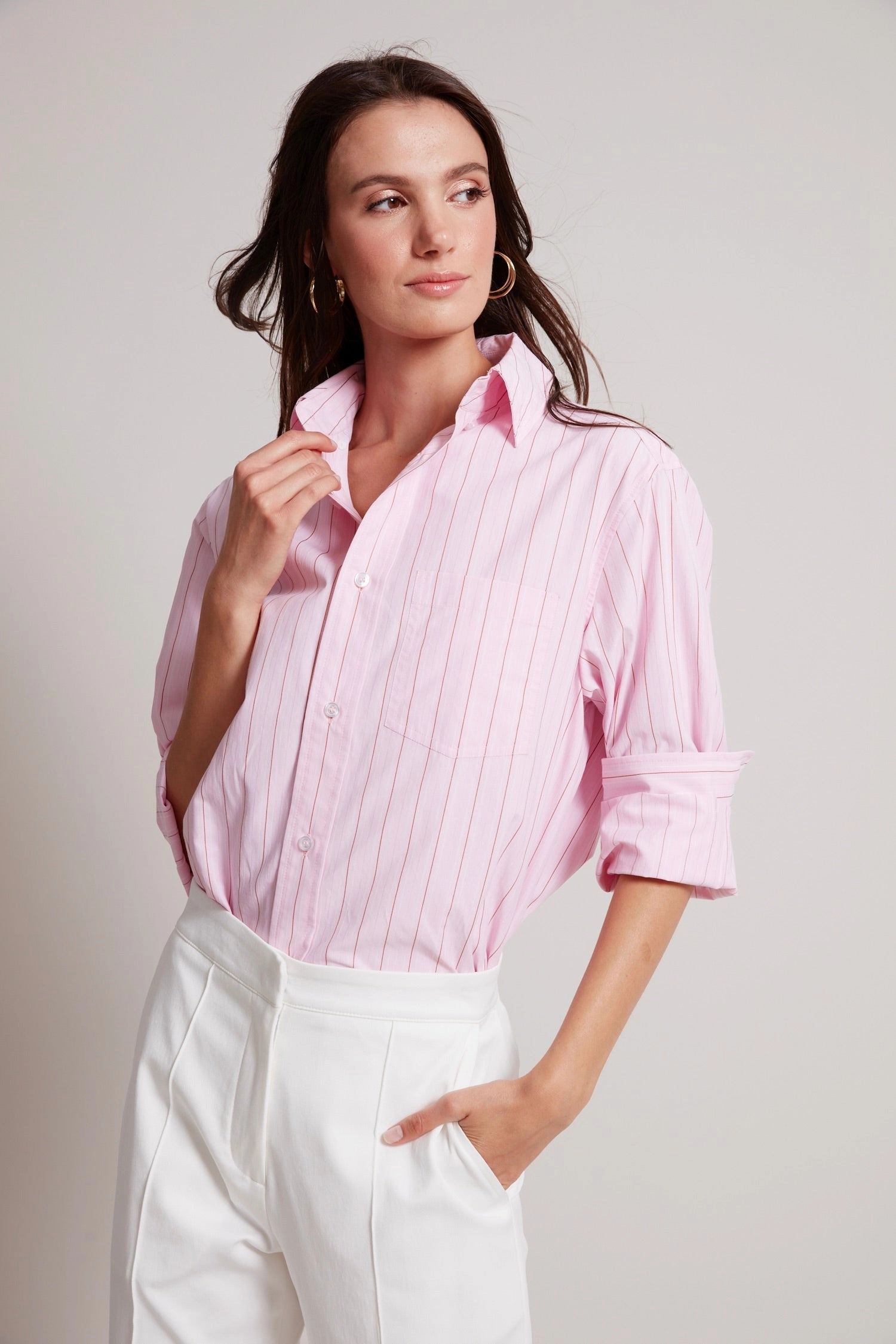 Comfort Stretch Kean Boyfriend Striped Button Down Shirt - Pink-a-boo