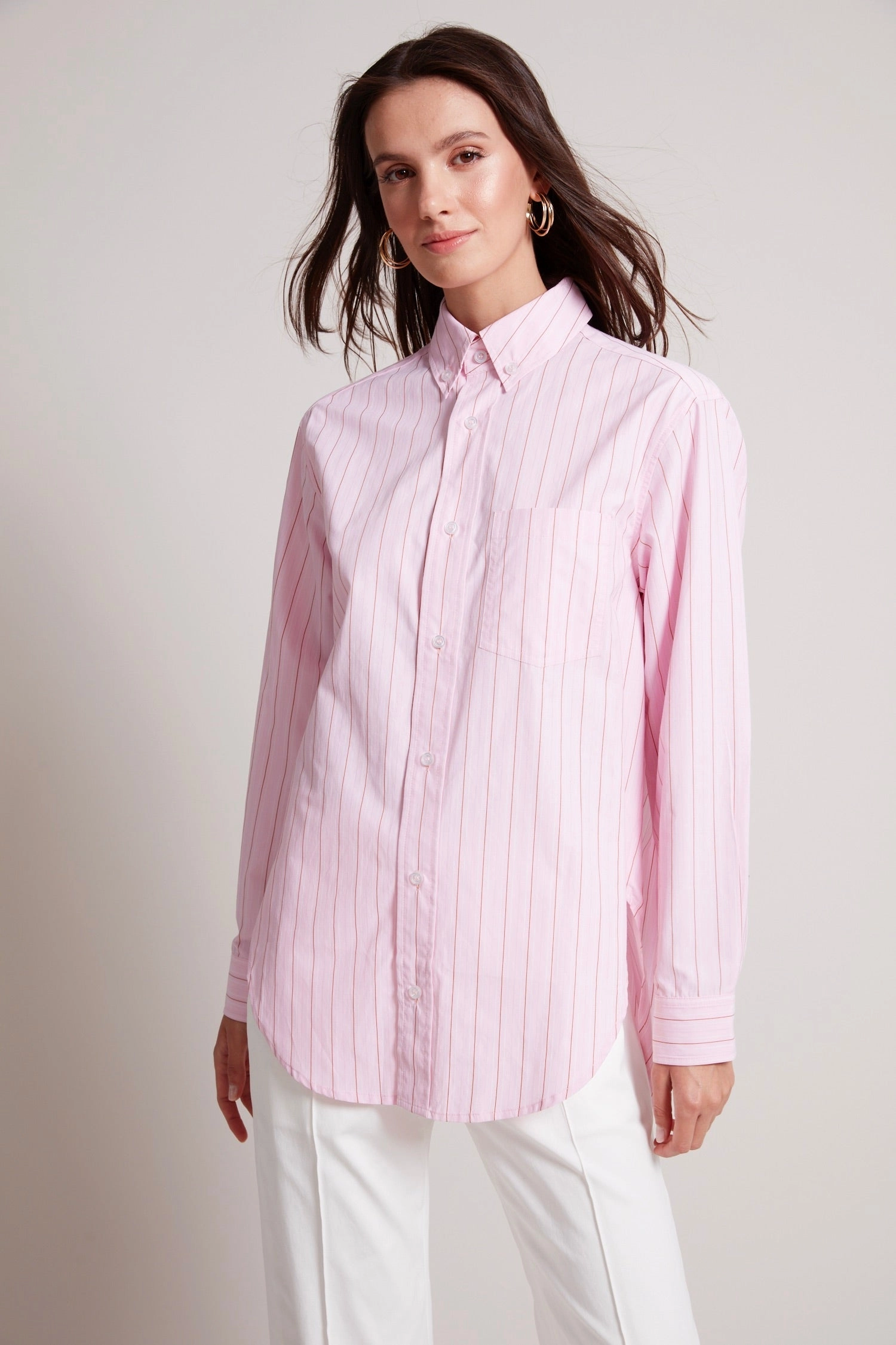 Kean Boyfriend Striped Button Down Shirt - Pink-a-boo Minimalist Closure Clean Edge Trim