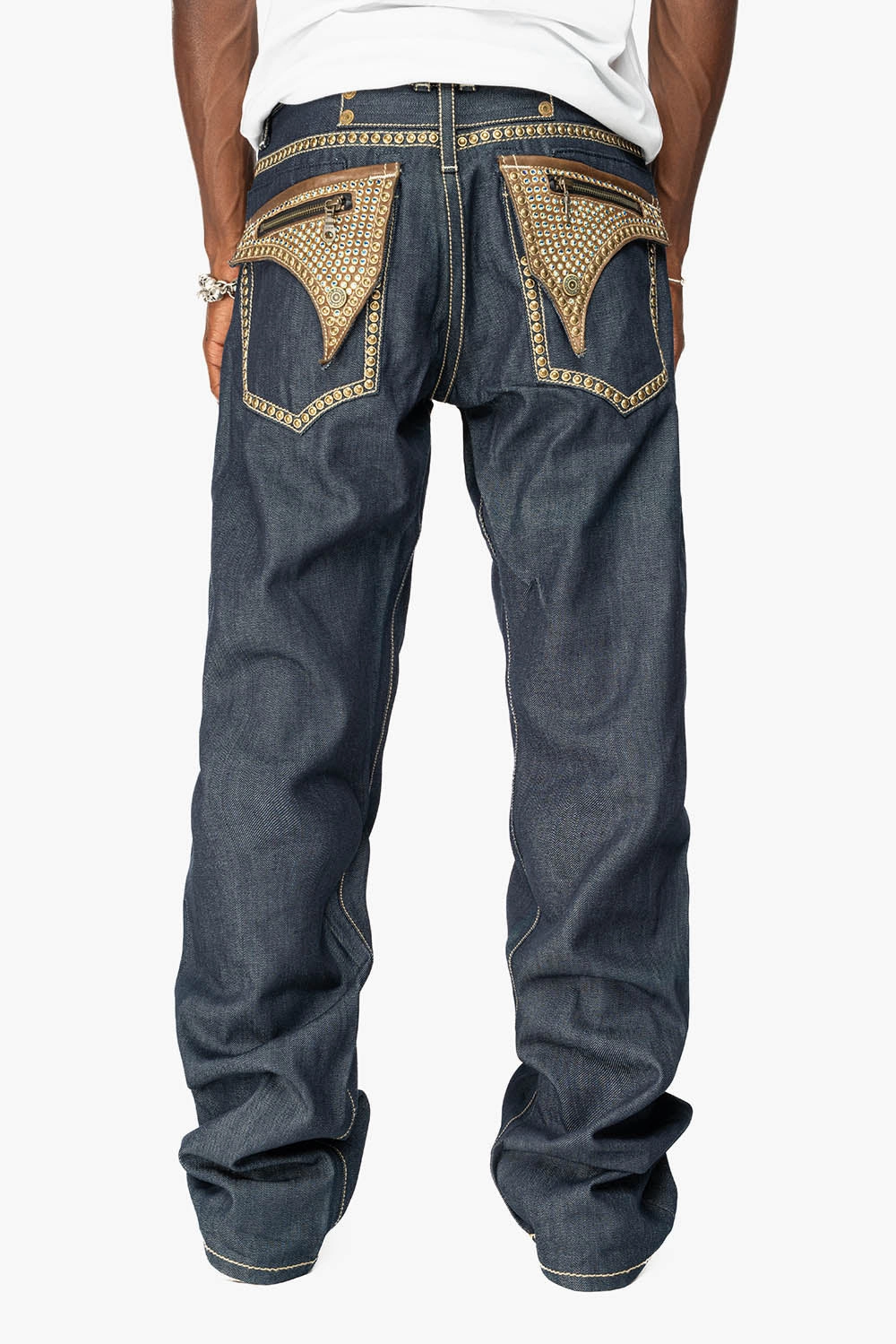 Traveler Gear Luxury CLINT IN RINSE WASH  BROWN LEATHER ZIPPER FLAPS FULLY EMBELLISHED WITH CRYSTALS AND STUDS