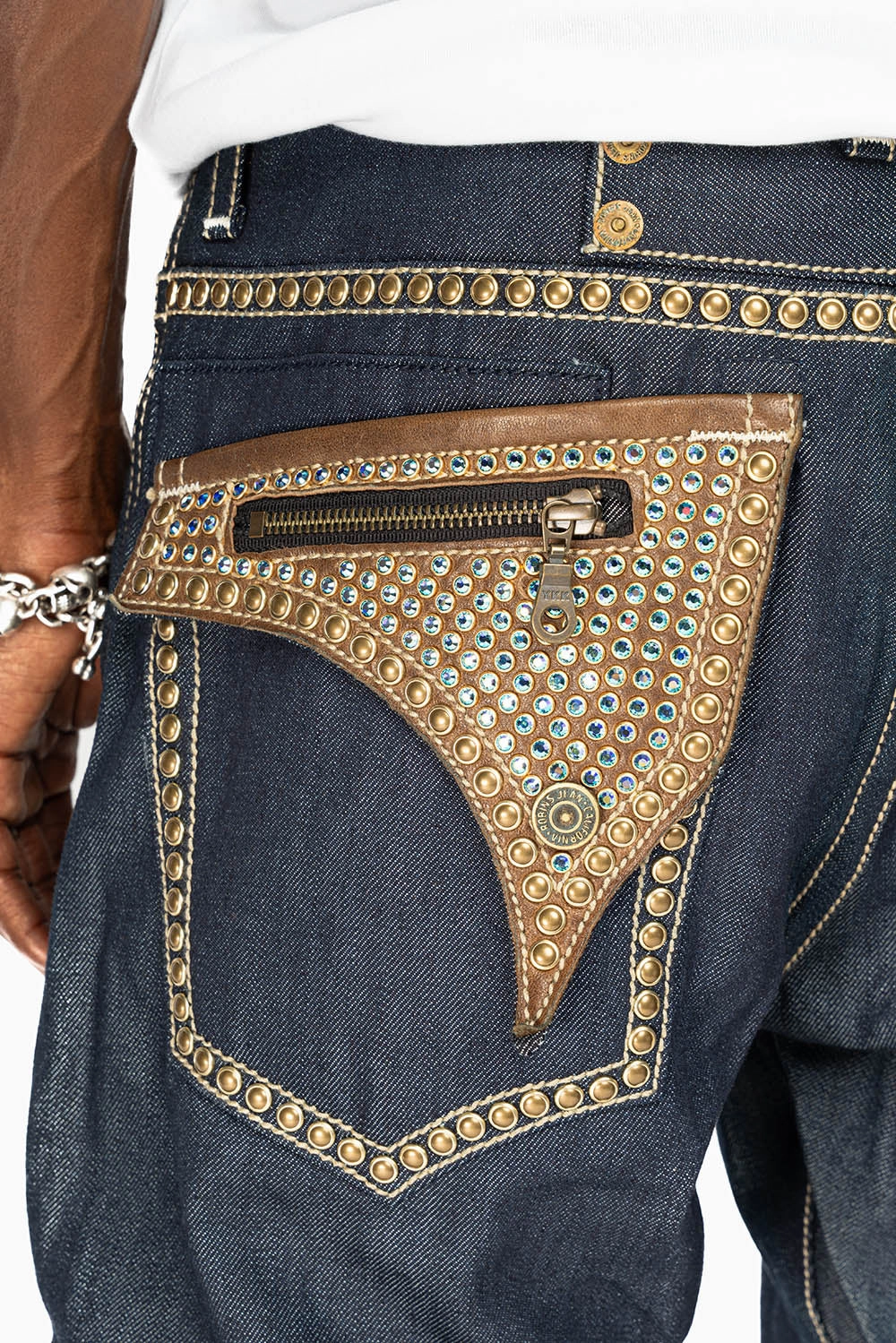 CLINT IN RINSE WASH  BROWN LEATHER ZIPPER FLAPS FULLY EMBELLISHED WITH CRYSTALS AND STUDS High-Quality Fit
