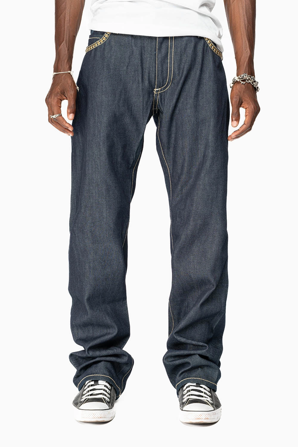 Workday Outfit CLINT IN RINSE WASH  BROWN LEATHER ZIPPER FLAPS FULLY EMBELLISHED WITH CRYSTALS AND STUDS