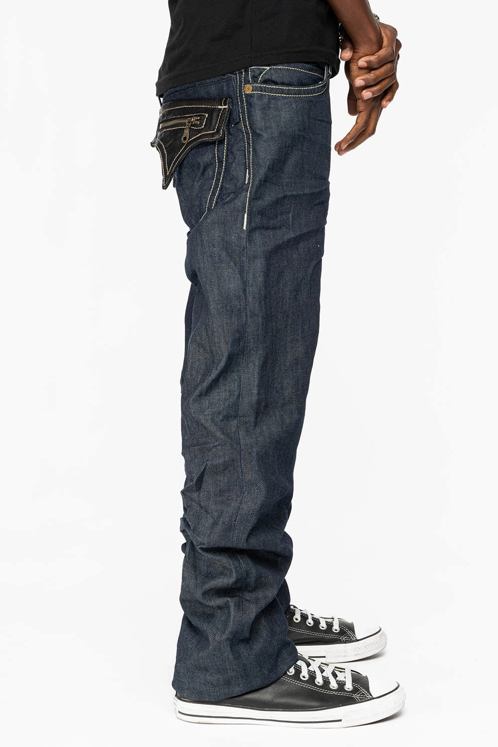 CLINT W/BLACK LEATHER ZIPPER  FLAPS IN RINSE WASH All Size Fit