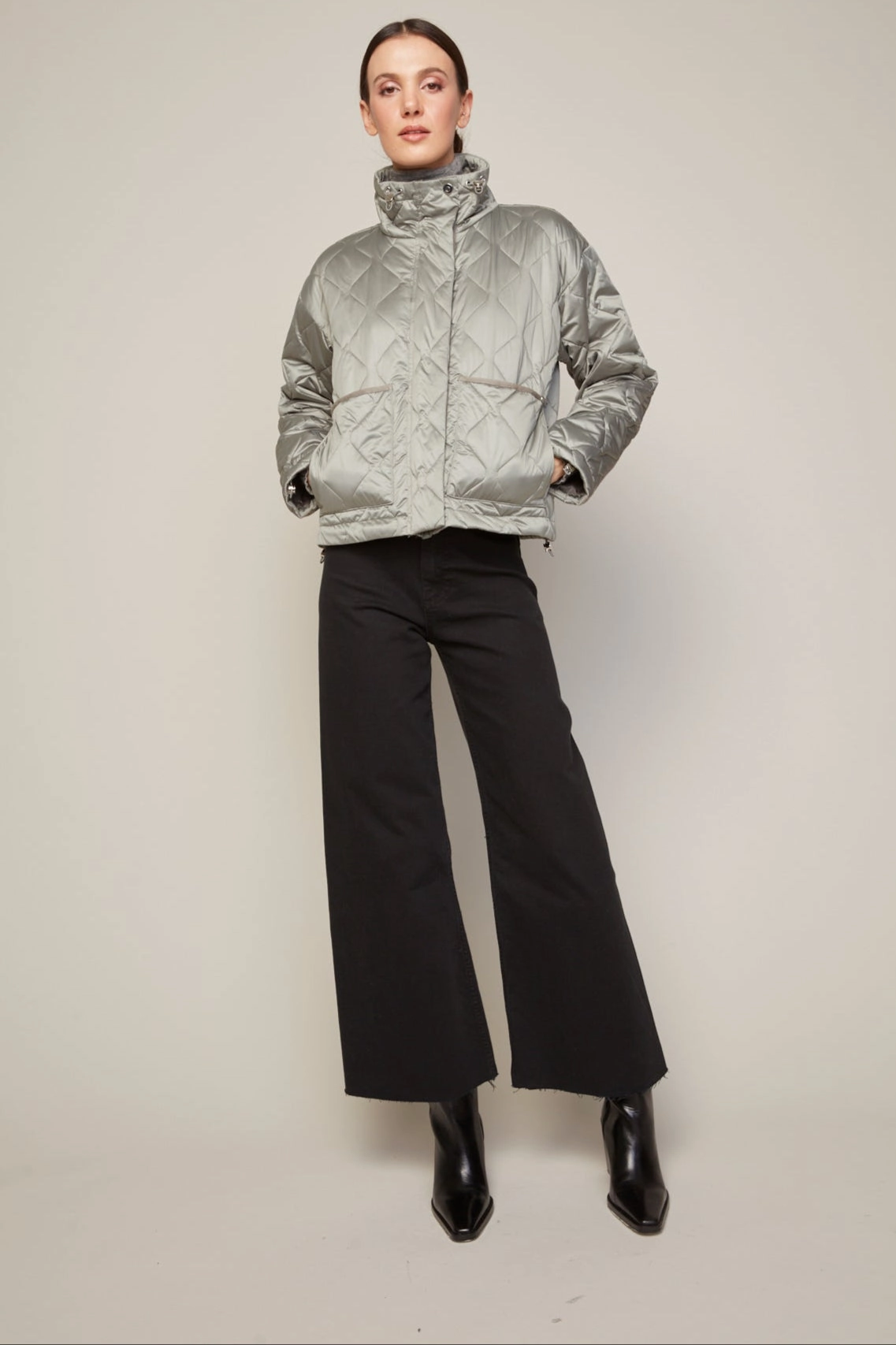 Billie Drop Shoulder Quilted Jacket With Twill Tape Detail - Agave Green Minimal Travel Look