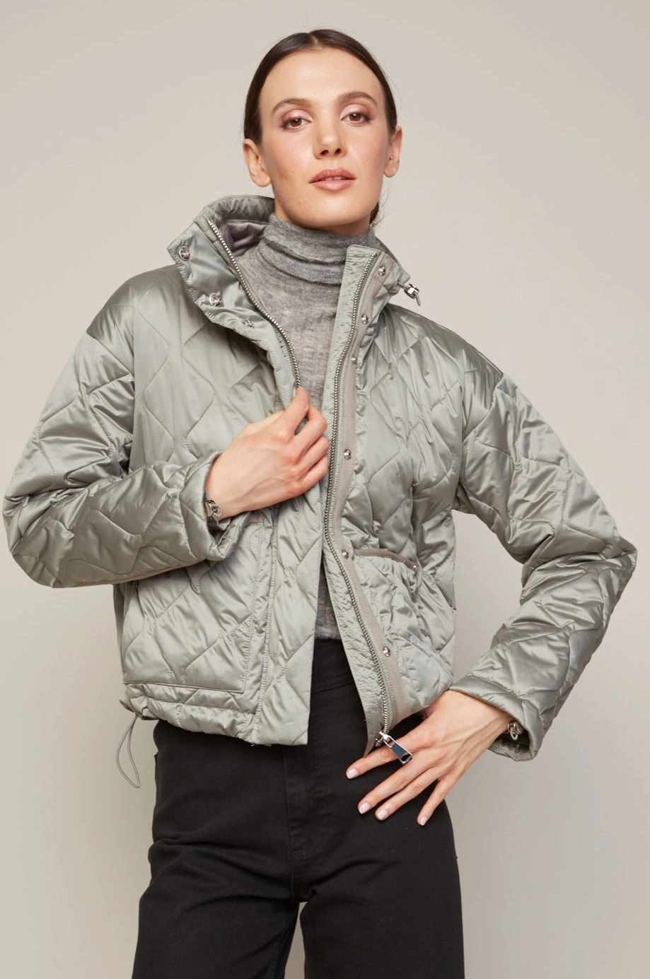Billie Drop Shoulder Quilted Jacket With Twill Tape Detail - Agave Green Noise Reduced Fabrics