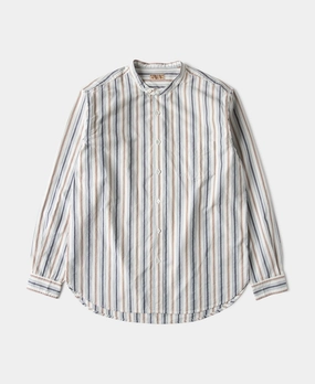 Colour Stripe Band Collar Shirt - White Effortless Style Micro Perforated Texture