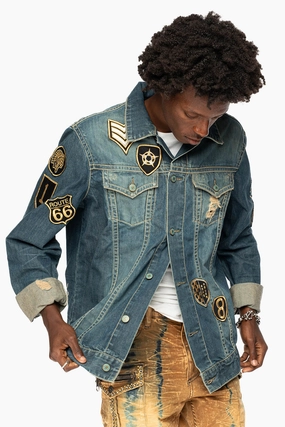 ROBINS MOTORCYCLE CLUB DENIM JACKET IN SMOKY BLUE BROKEN WASH WITH MULTIPLE  PATCHES Double Layered Fabric Tear Resistant Panels