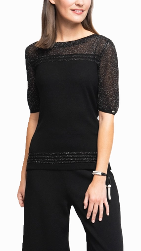 Bella Short Sleeved Top with See-Through Detail on Shoulders and Sleeves - Black Shimmer Workwear Approved Sporty Appeal