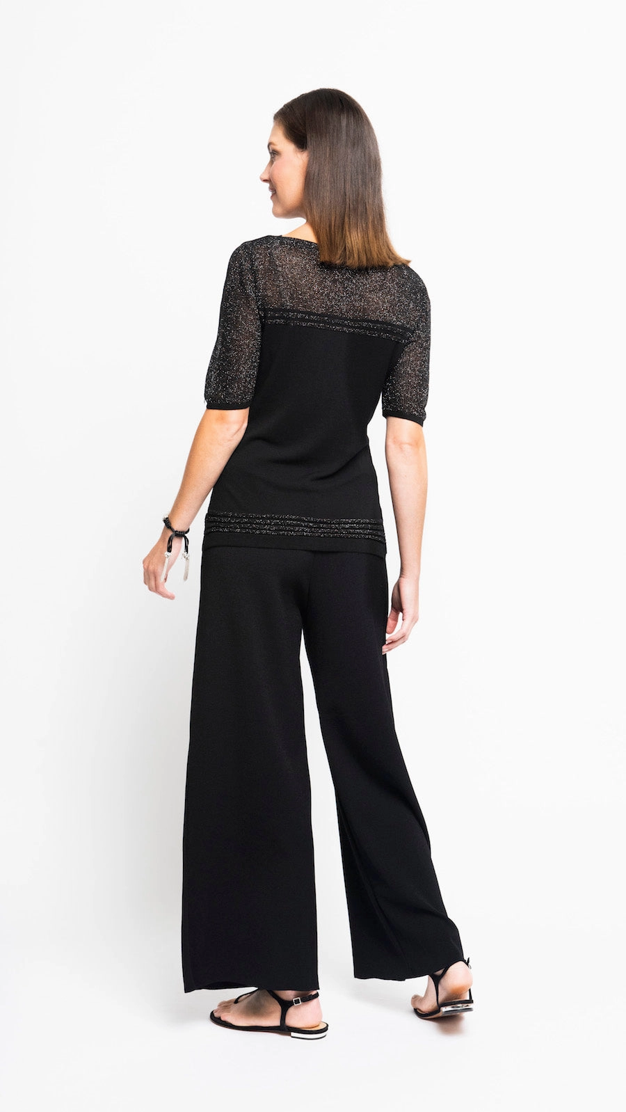 Gift Idea Bella Short Sleeved Top with See-Through Detail on Shoulders and Sleeves - Black Shimmer