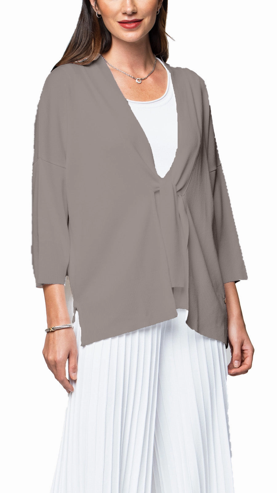 Malia Three-Quarter Sleeved Front-Tie Cardigan; Taupe Layered Chic