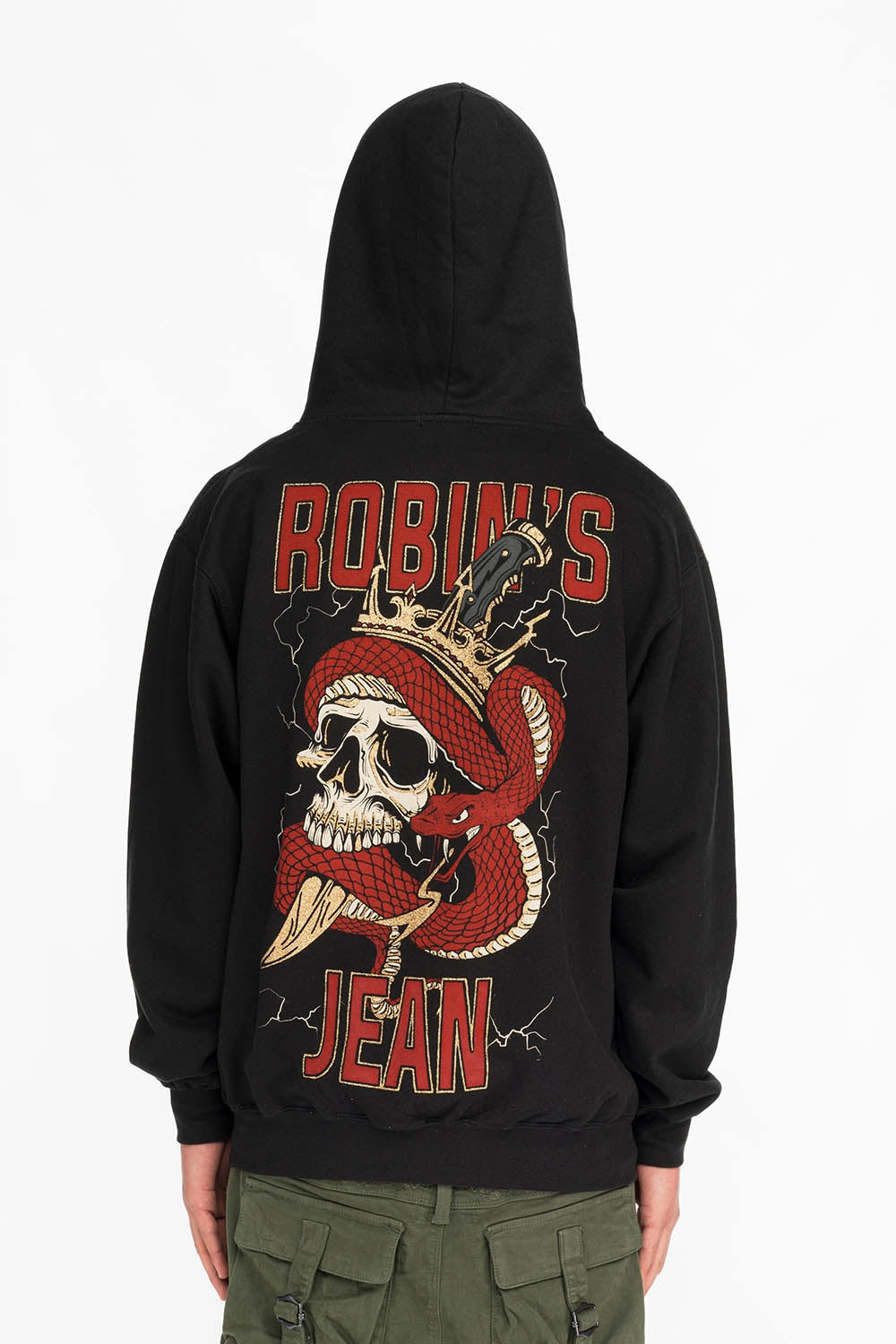 ROBINS SNAKE SKULL GOLD GLITTER ZIP HOODIE IN BLACK side pocket