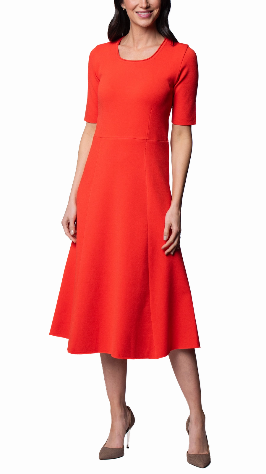 warm tones Tailored-fit Nora Milano Knit Short Sleeved Fit-And-Flare Midi Dress - Bright Orange / Fall Pre-Order