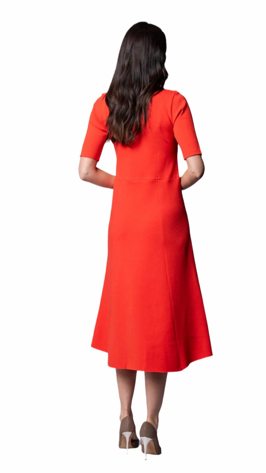 Nora Milano Knit Short Sleeved Fit-And-Flare Midi Dress - Bright Orange / Fall Pre-Order Perfect Style Elastic-Waist