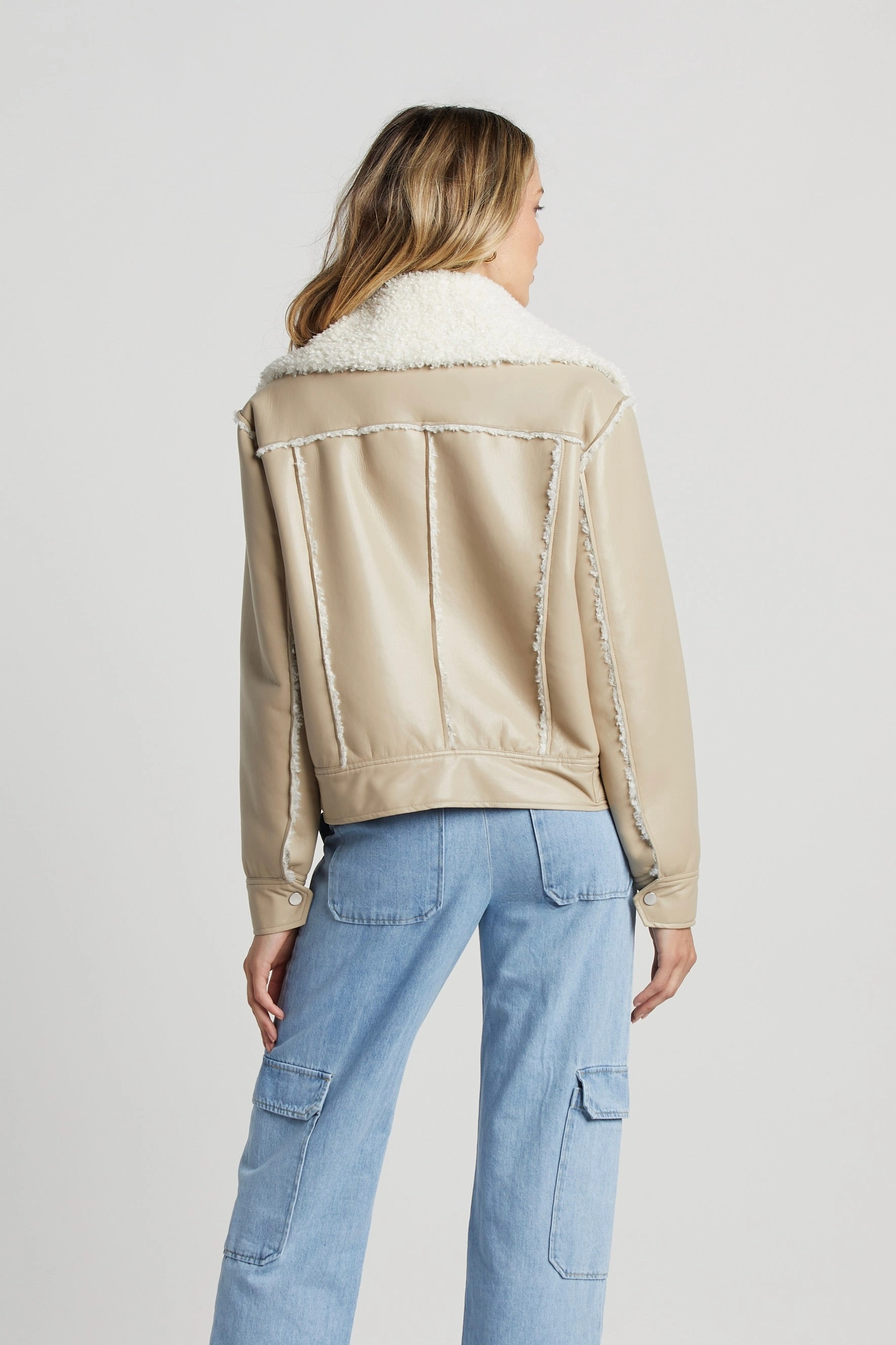 Reinforced Elbow Patches Water Repellent Finish Parker Bonded Vegan Leather Aviator Jacket With Collar Snap Closure - Oak