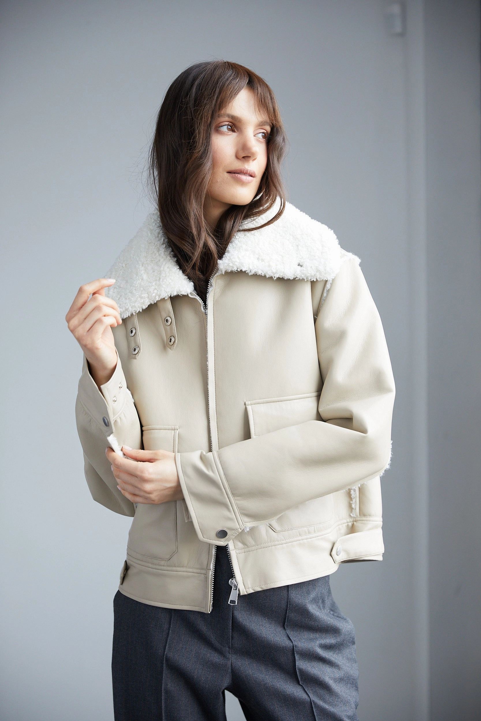 Parker Bonded Vegan Leather Aviator Jacket With Collar Snap Closure - Oak Light Pack Option