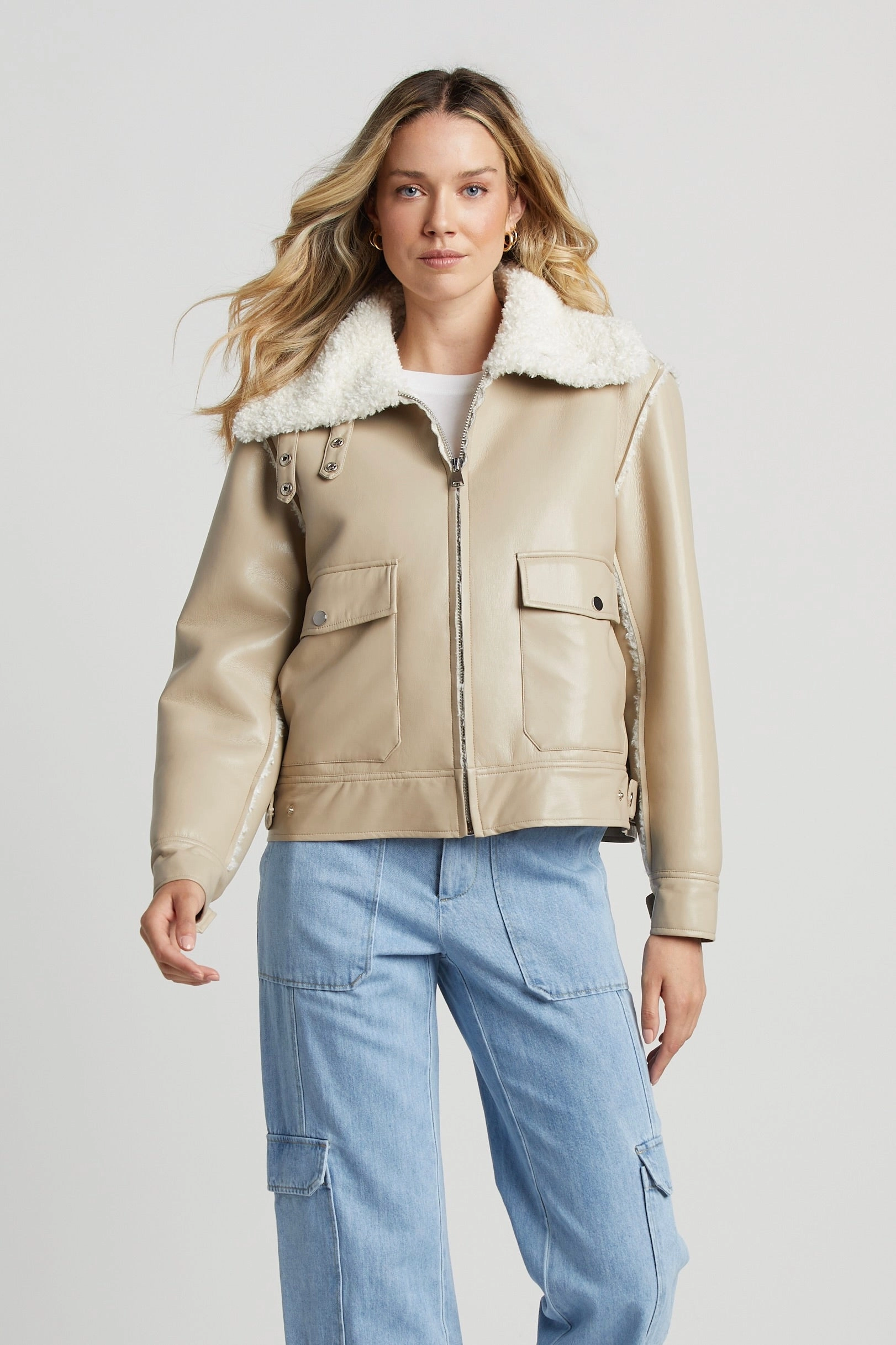 Extra Layer Piece Parker Bonded Vegan Leather Aviator Jacket With Collar Snap Closure - Oak