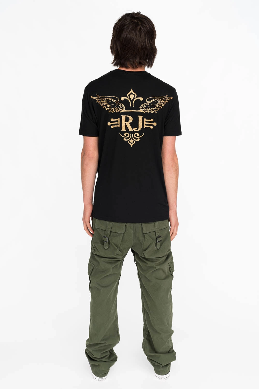 Ultimate Wear Outdoor Outfit Style GOLD GLITTER FLEUR TEE WITH WINGS ON BACK IN BLACK