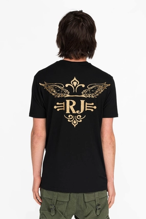 GOLD GLITTER FLEUR TEE WITH WINGS ON BACK IN BLACK Eco Friendly Fabric Cozy and Light
