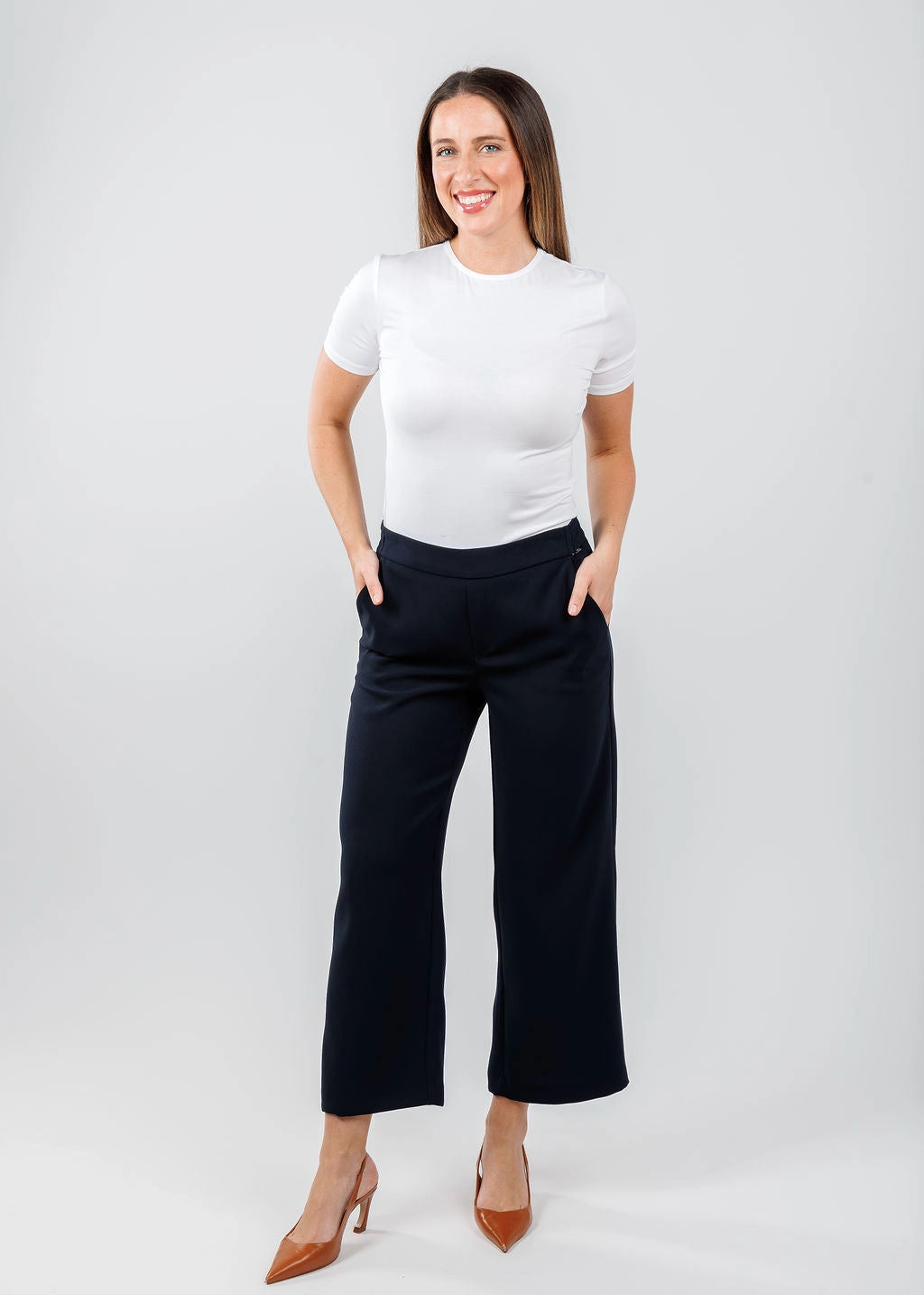 Flexible Leg Adjustable Fit Chiara Crop Floating Crepe Pants - Navy