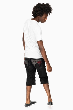 Easy Pairing MENS LIMITED EDITION DOUBLE FLAP DESTROYED SHORTS  IN PURE BLACK WASH WITH  CRYSTALS