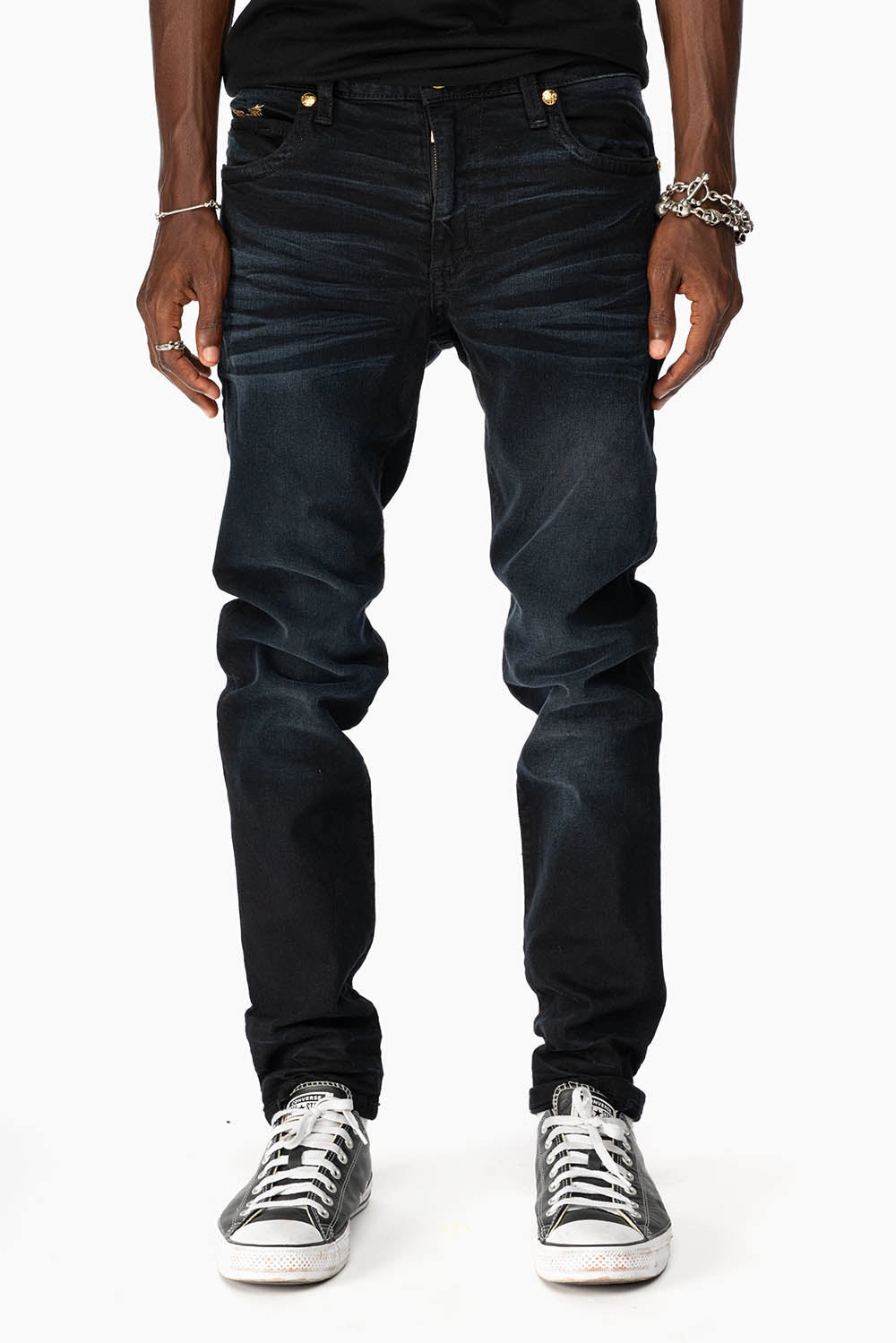 Fit Ready All Occasion SKINNY MENS JEANS IN F_D UP BLACK WASH WITH RED AND GOLD AURUM CRYSTALS