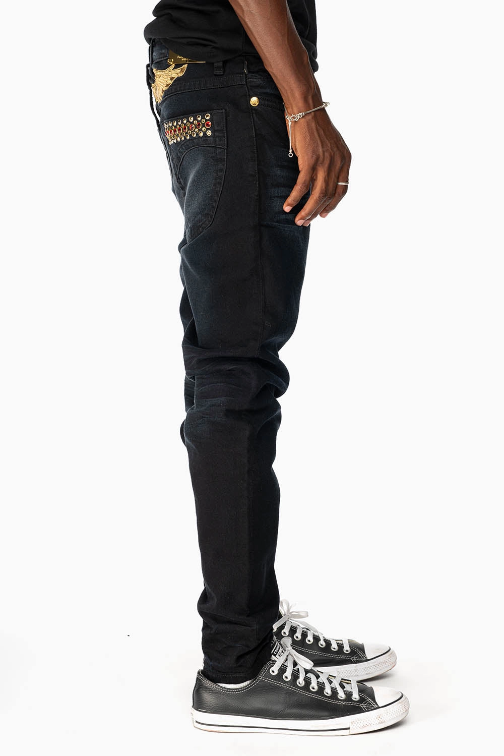 SKINNY MENS JEANS IN F_D UP BLACK WASH WITH RED AND GOLD AURUM CRYSTALS Holiday Vibes Stretch