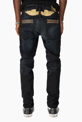Style Daily SKINNY MENS JEANS IN F_D UP BLACK WASH WITH RED AND GOLD AURUM CRYSTALS