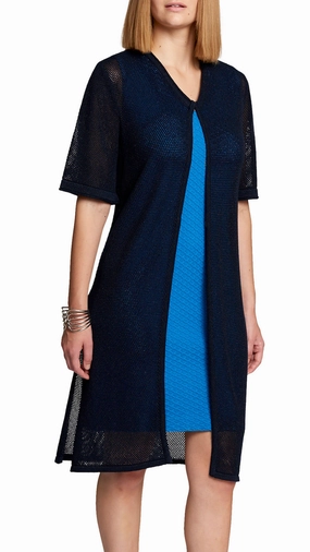 Reinforced Shoulder Design Light Warmth CONTEMPO Dahlia Mesh Long Cardigan - Shimmery Navy