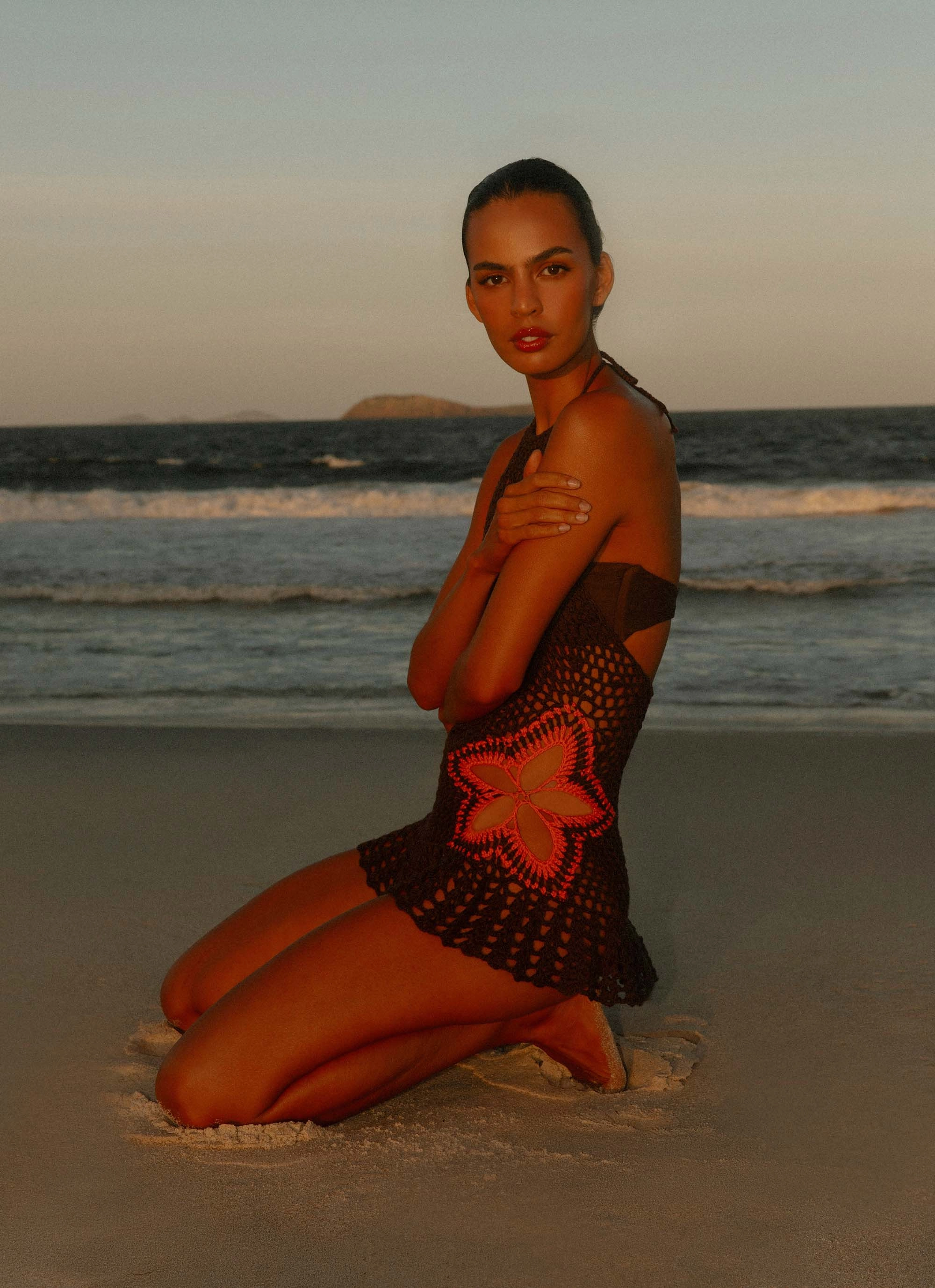 Henley Crochet Mini Dress - Chocolate Fresh Appeal Long Sleeve