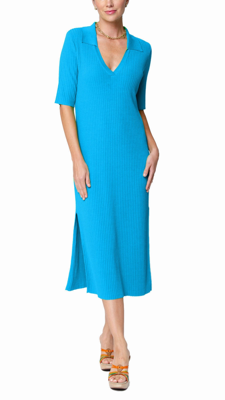 relaxed elegance Side Slit Gillian Rib Knit Midi Polo Dress - Turquoise