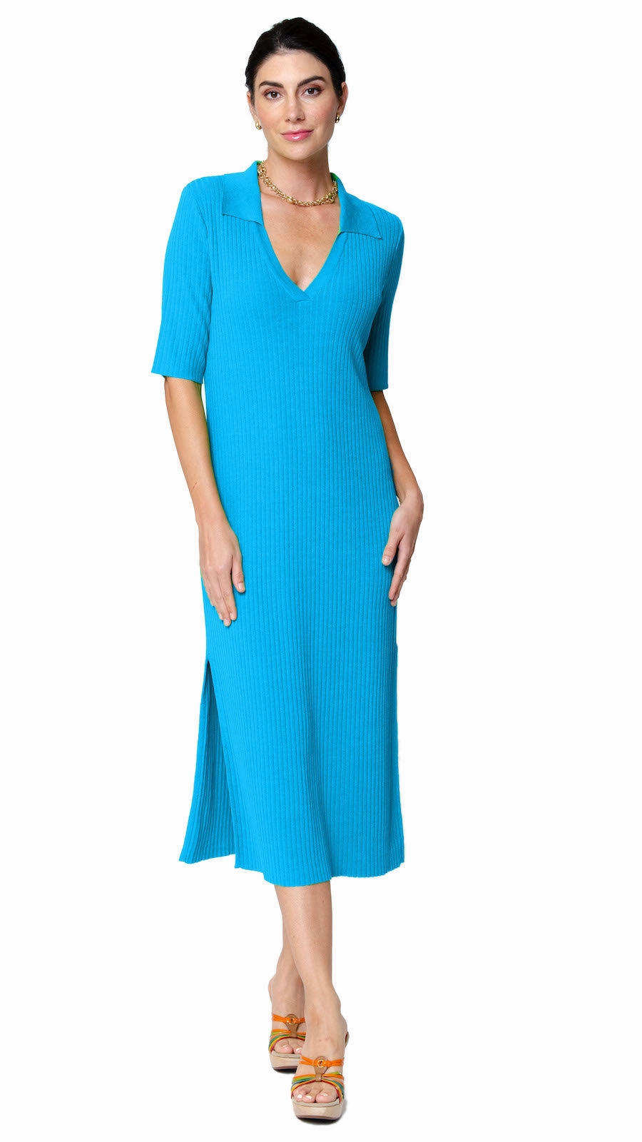 Gillian Rib Knit Midi Polo Dress - Turquoise Comfy Look