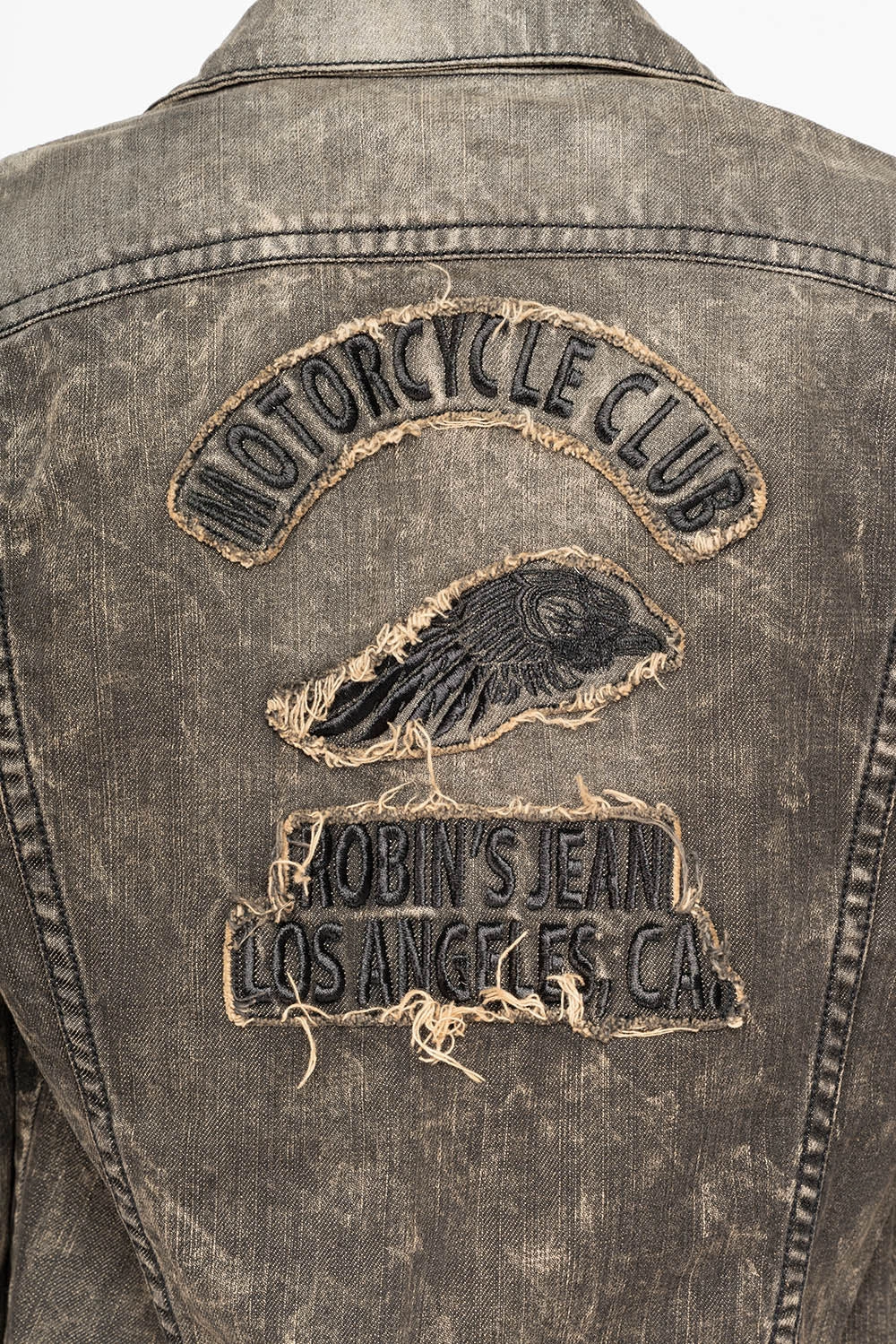 Silicone Grip Trim Low Maintenance Fabric MOTORCYCLE CLUB DENIM JACKET IN MODOC WASH WITH PATCHES STUDS AND CRYSTALS