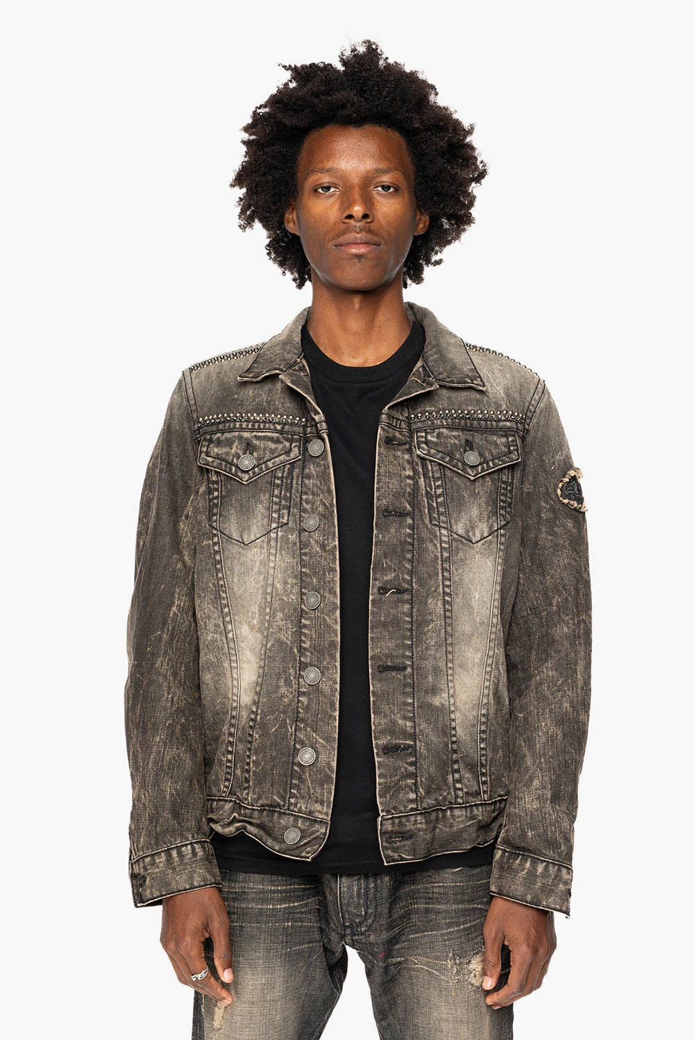 MOTORCYCLE CLUB DENIM JACKET IN MODOC WASH WITH PATCHES STUDS AND CRYSTALS Temperature Regulating Tech