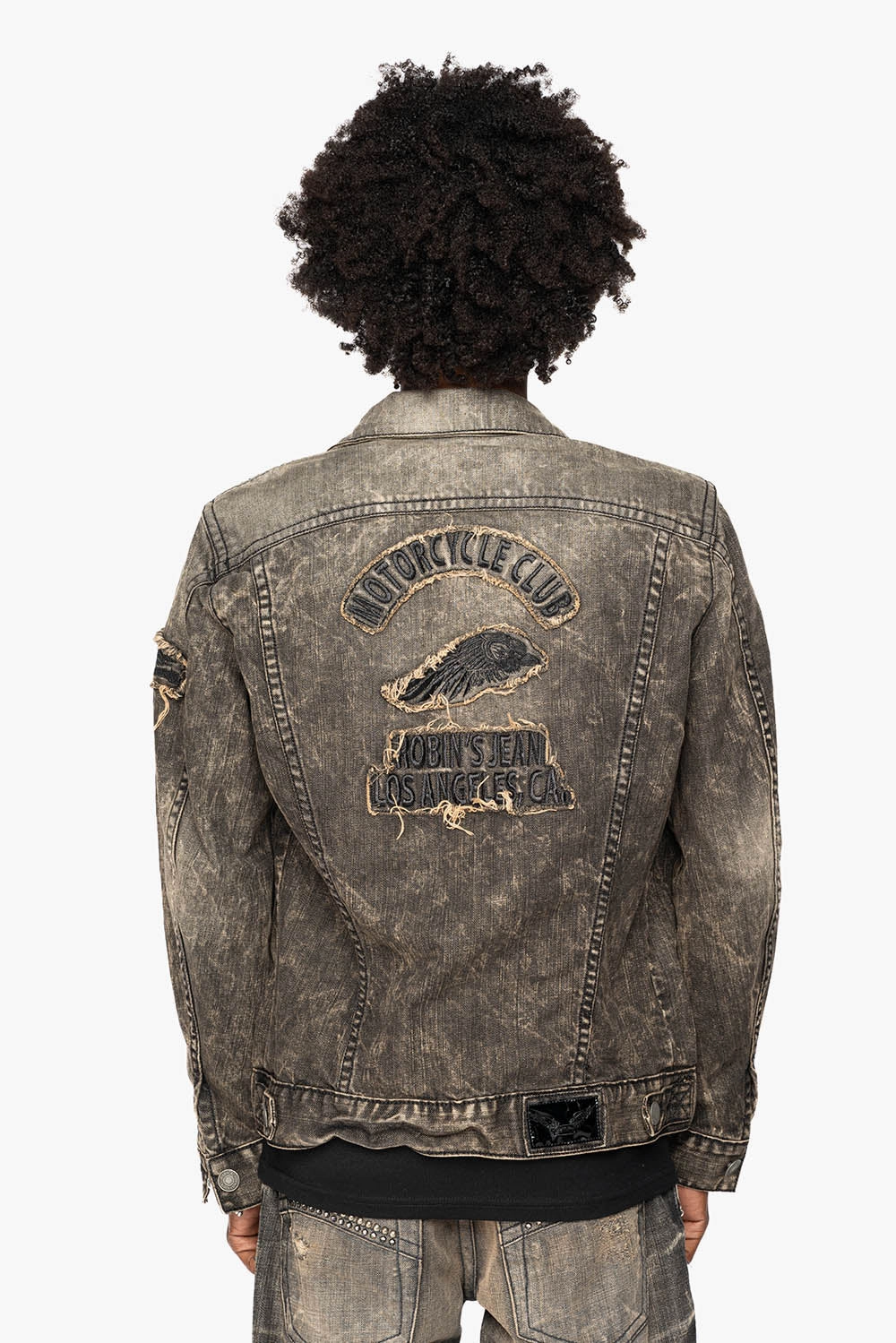 Recycled Material Blend NonBulkyLayering MOTORCYCLE CLUB DENIM JACKET IN MODOC WASH WITH PATCHES STUDS AND CRYSTALS