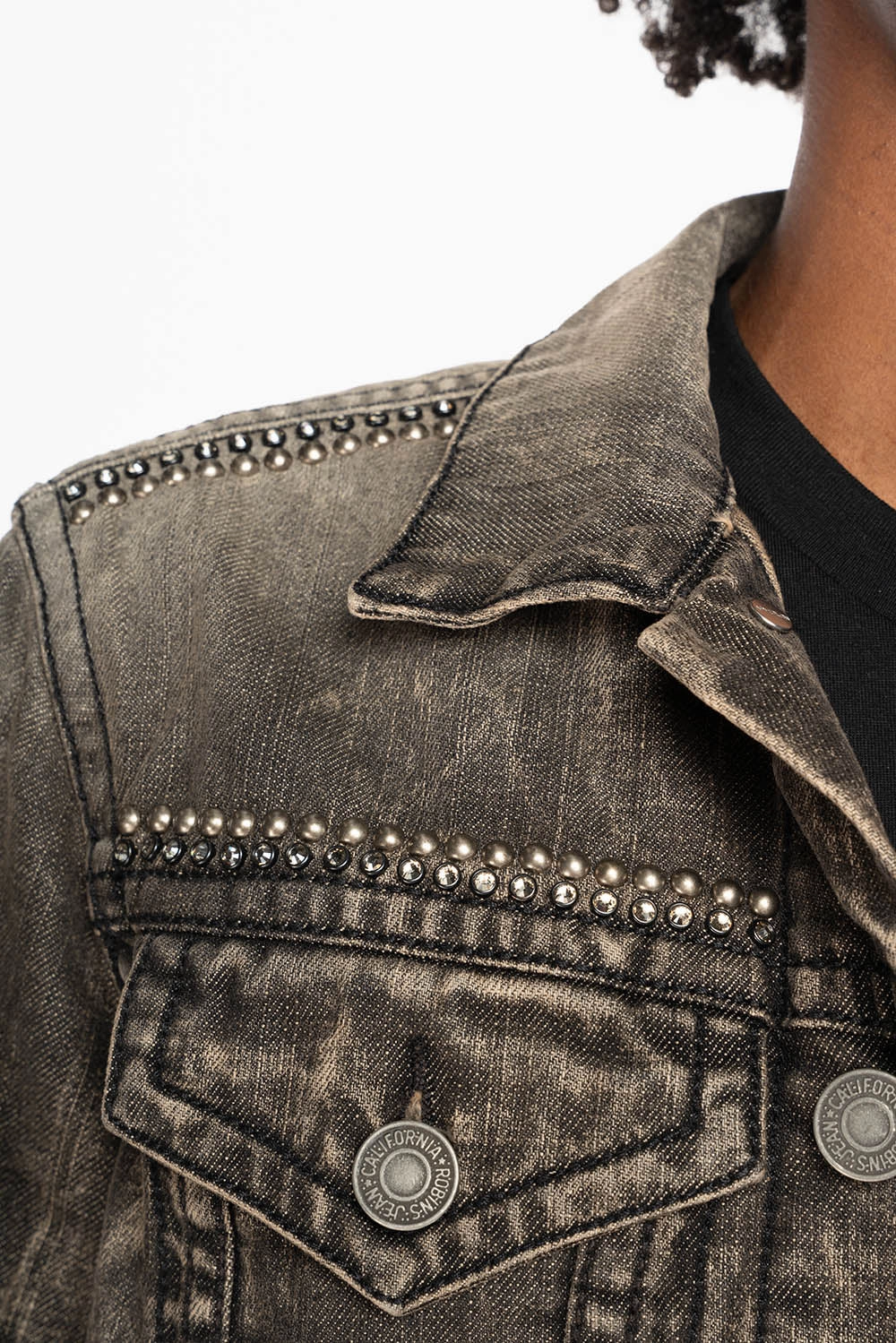 MOTORCYCLE CLUB DENIM JACKET IN MODOC WASH WITH PATCHES STUDS AND CRYSTALS Fleece Inside