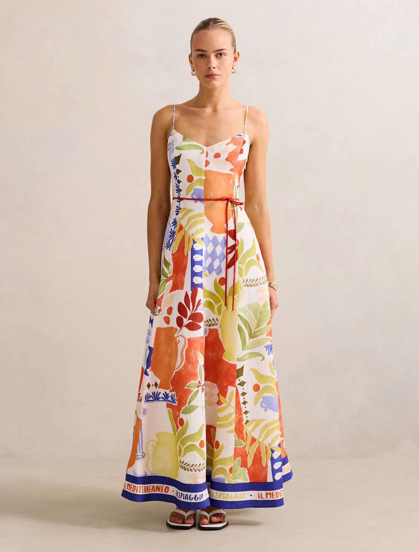 Mattie Seam Detail Linen Midi Dress Flattering Shape Wear Jewel Accent