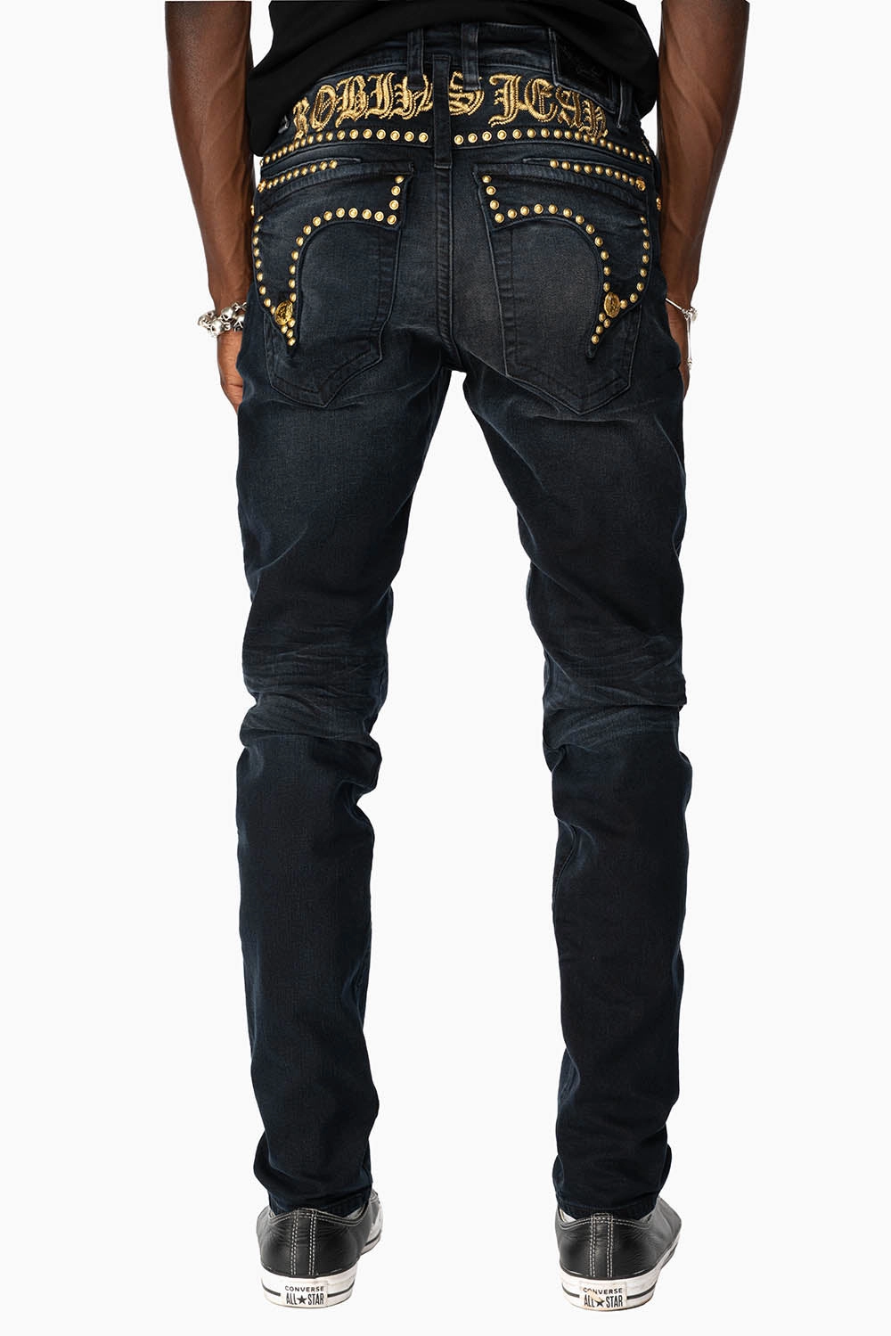 MENS F-UP BLACK SLIM FIT KILLER FLAP JEANS WITH O.E. SCRIPT EMBELLISHED WITH GOLD NAILHEADS Trendy High Quality Classic Fit