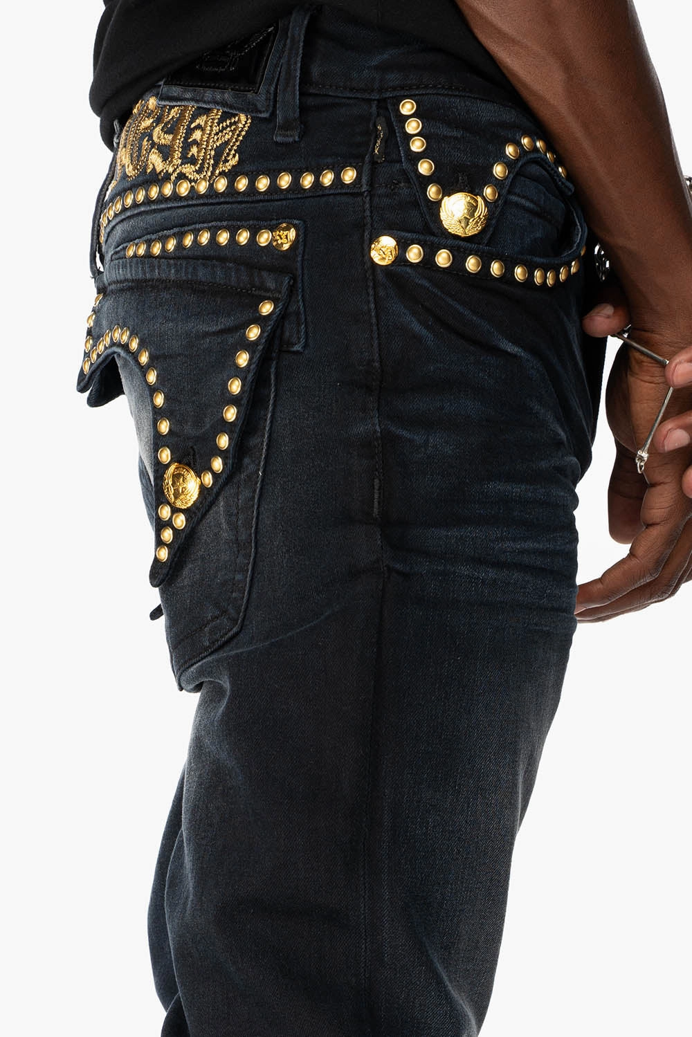 MENS F-UP BLACK SLIM FIT KILLER FLAP JEANS WITH O.E. SCRIPT EMBELLISHED WITH GOLD NAILHEADS Affordable Outdoor Adventure Artist Vibe All Day Comfort Design