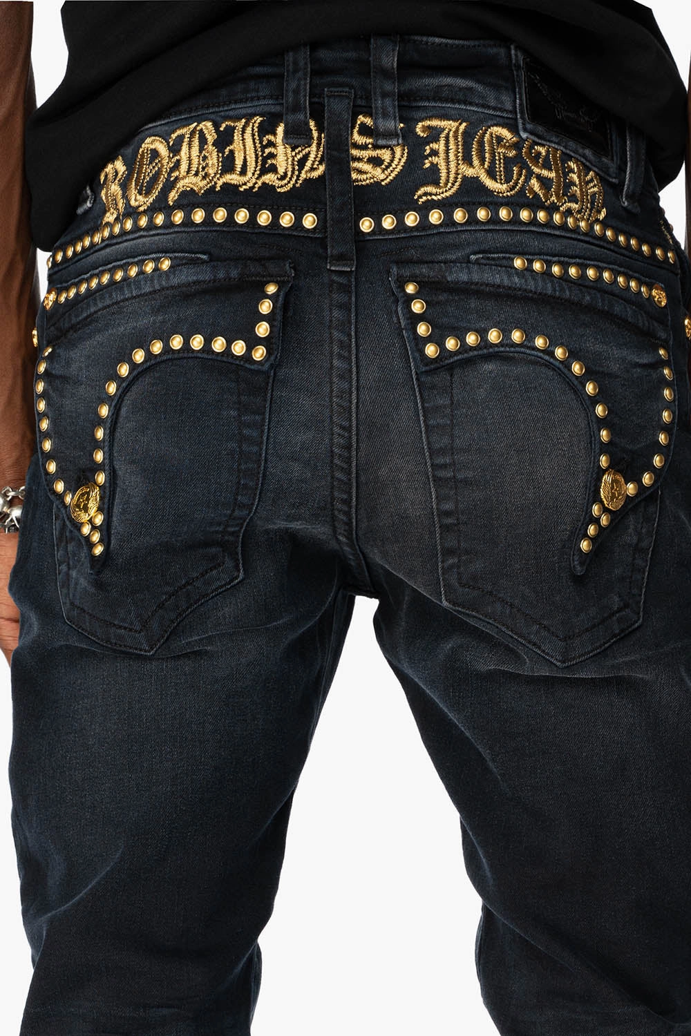 Tailored Cut Clean Style MENS F-UP BLACK SLIM FIT KILLER FLAP JEANS WITH O.E. SCRIPT EMBELLISHED WITH GOLD NAILHEADS