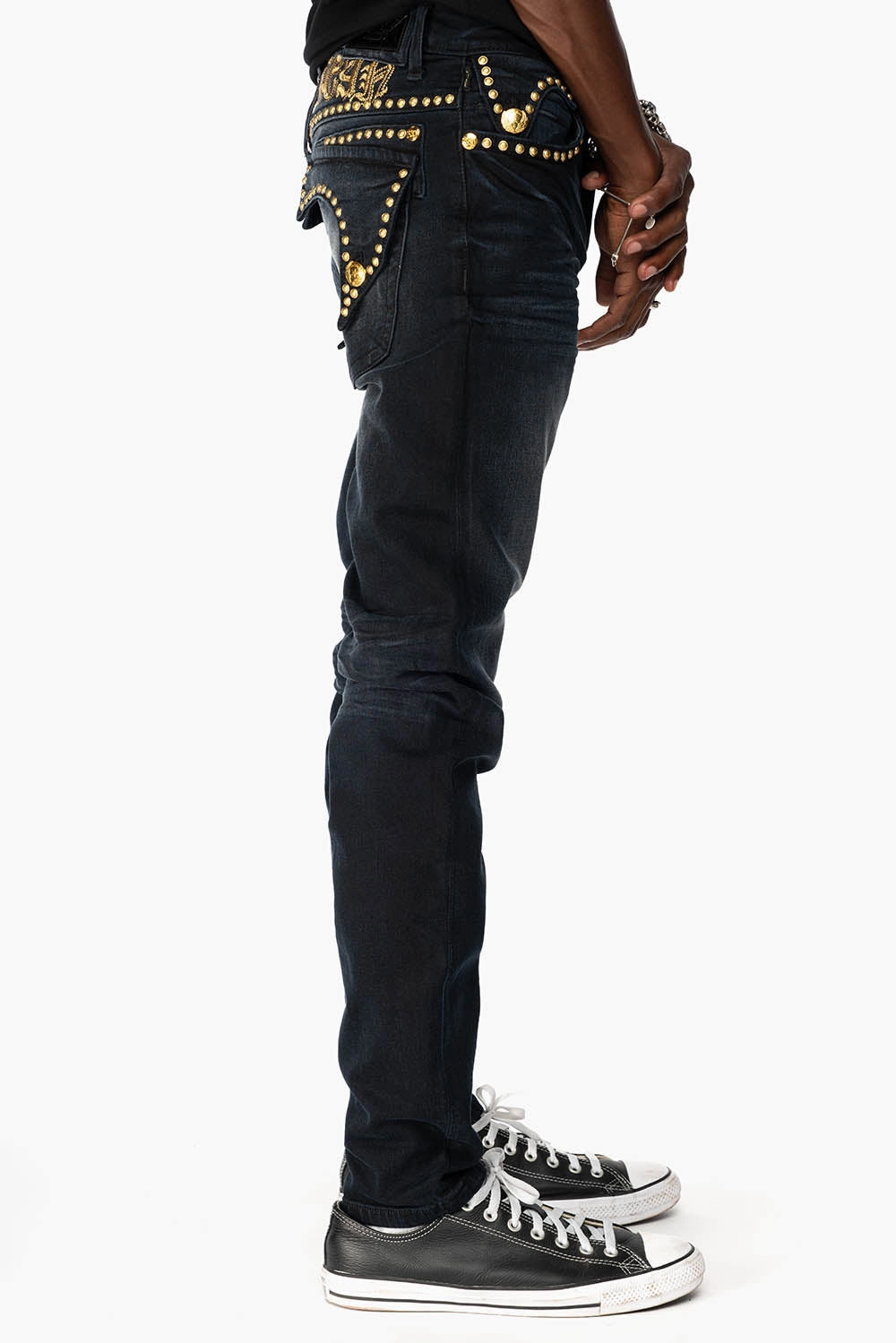 MENS F-UP BLACK SLIM FIT KILLER FLAP JEANS WITH O.E. SCRIPT EMBELLISHED WITH GOLD NAILHEADS Smart Layer